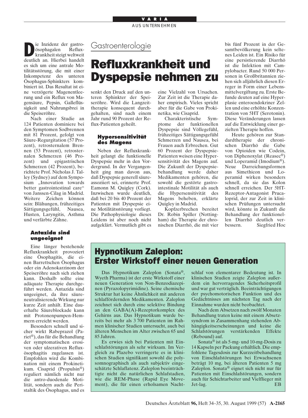 Vorschauseite 1: Gastroenterologie: Refluxkrankheit und Dyspepsie nehmen zu