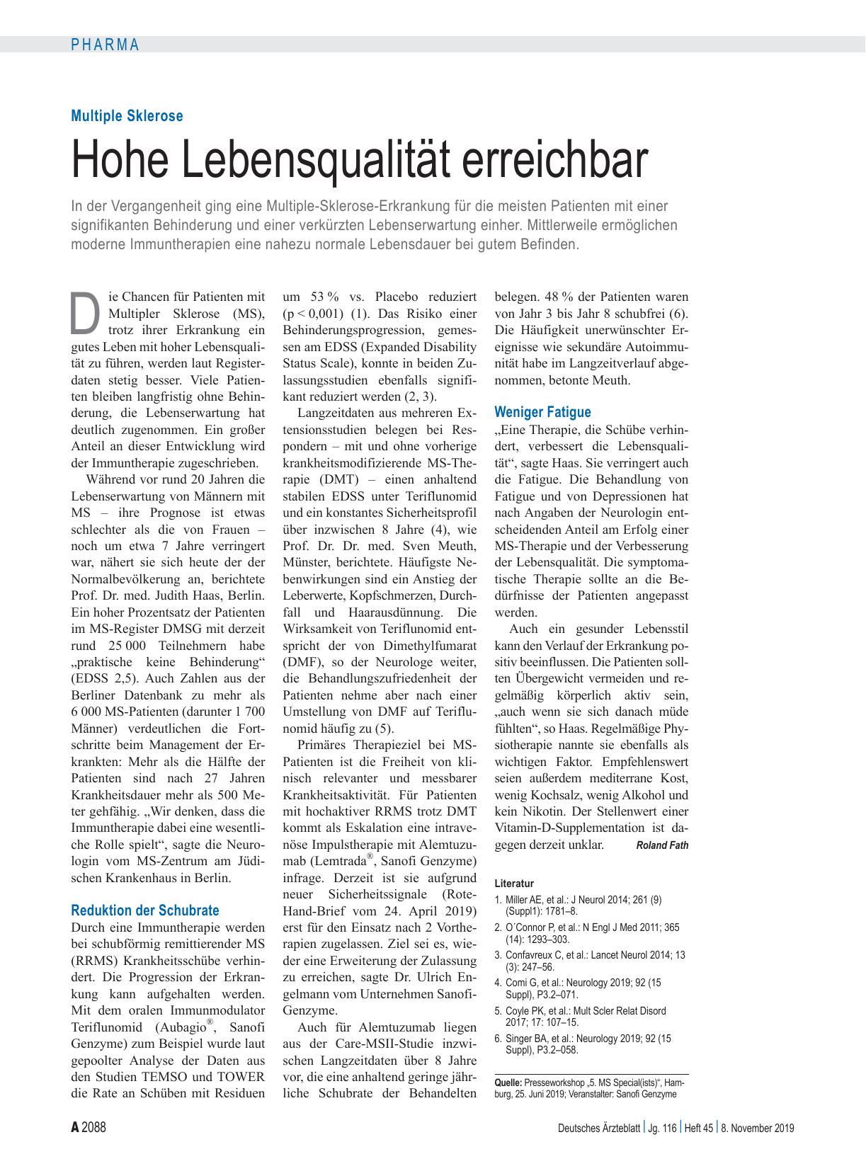 Vorschauseite 1: Multiple Sklerose: Hohe Lebensqualität erreichbar