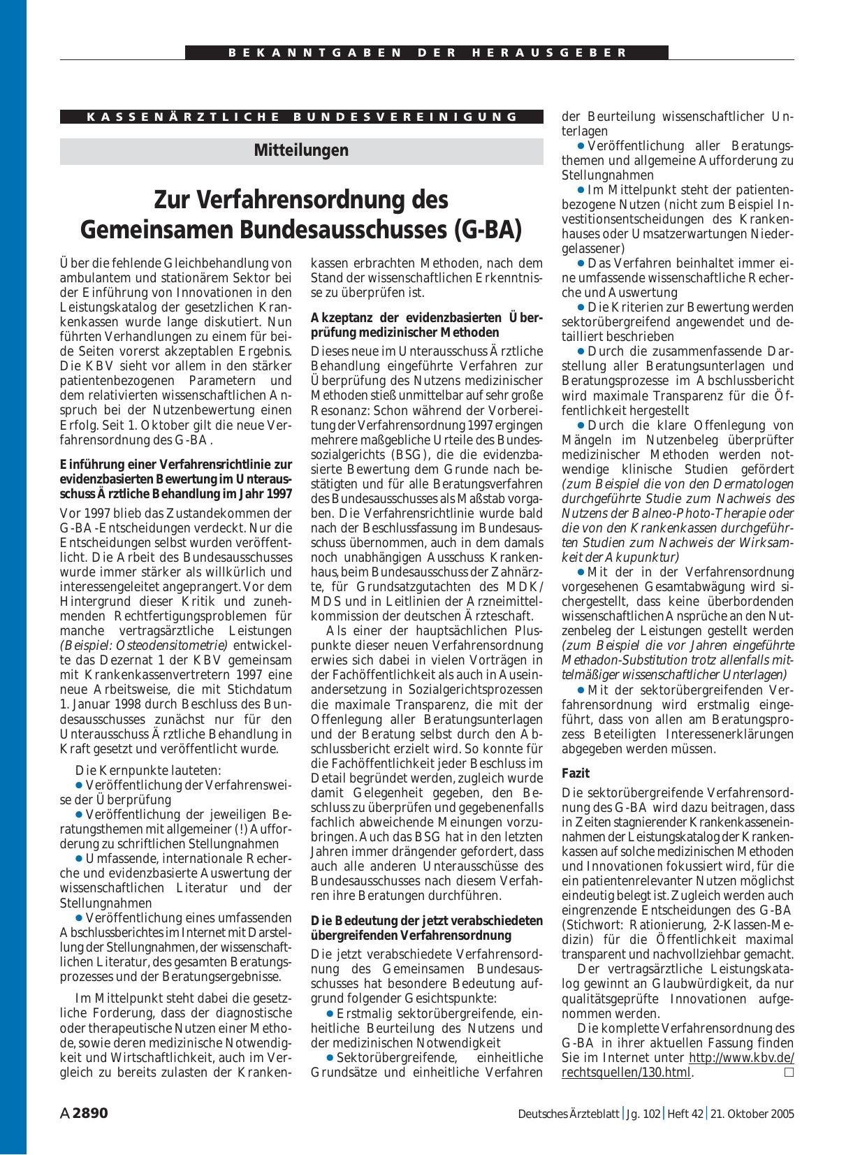 Vorschauseite 1: Mitteilungen: Zur Verfahrensordnung des Gemeinsamen Bundesausschusses (G-BA)