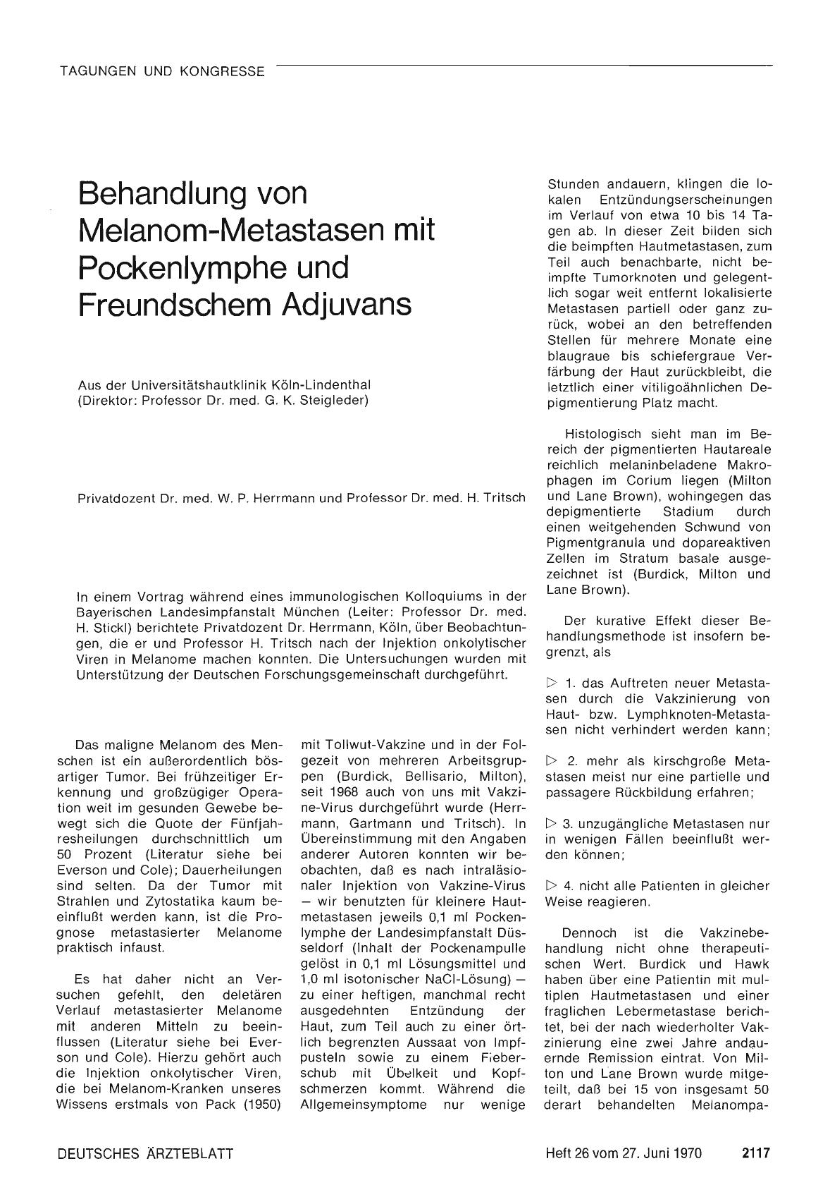Vorschauseite 1: Behandlung von Melanom-Metastasen mit Pockenlymphe und Freundschem Adjuvans