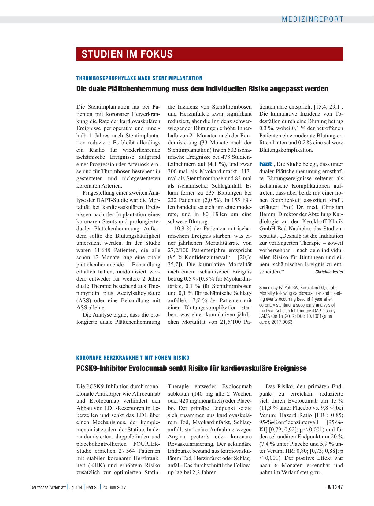 Vorschauseite 1: Koronare Herzkrankheit mit hohem Risiko: PCSK9-Inhibitor Evolocumab senkt Risiko für kardiovaskuläre Ereignisse