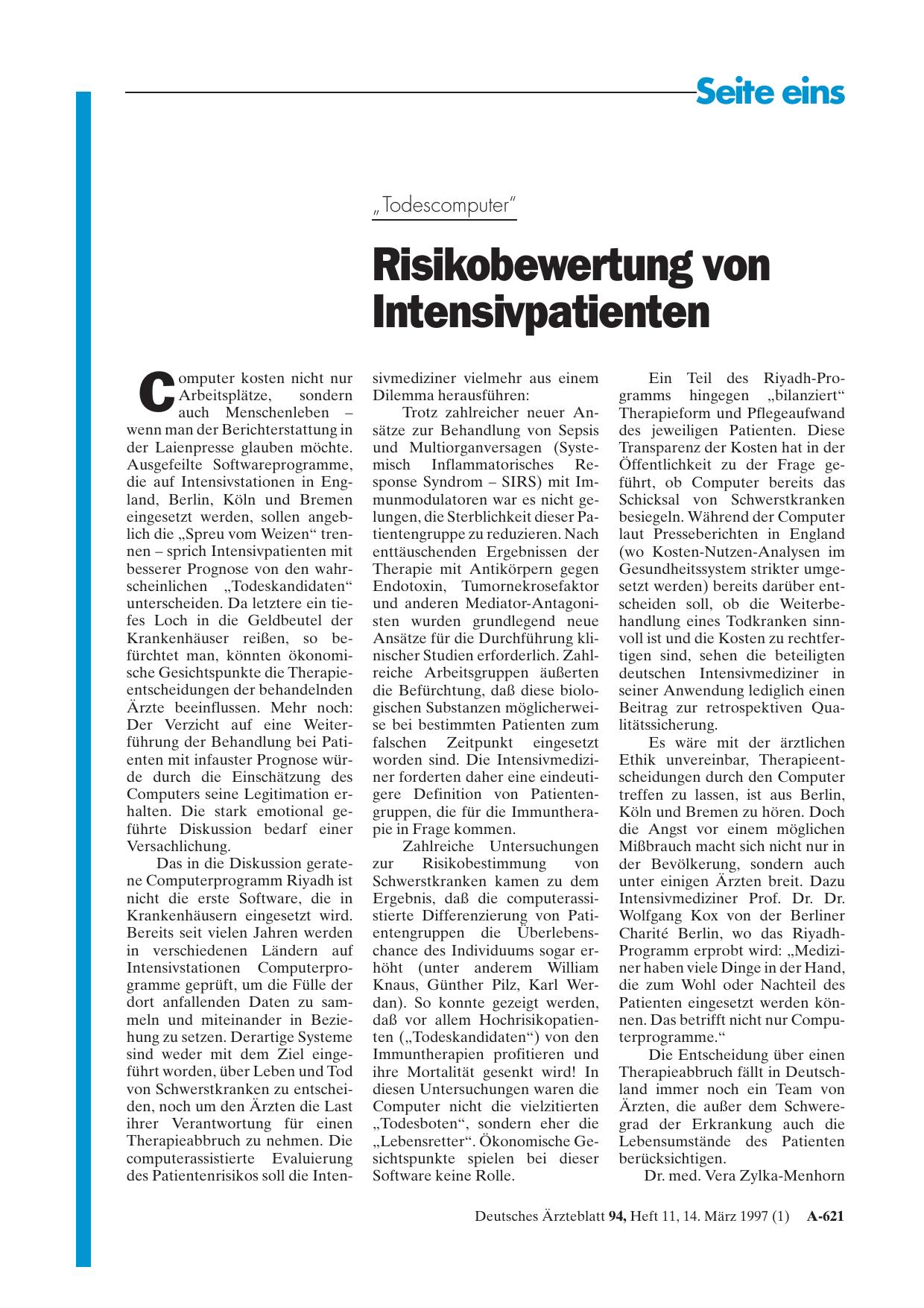 Vorschauseite 1: „Todescomputer„: Risikobewertung von Intensivpatienten