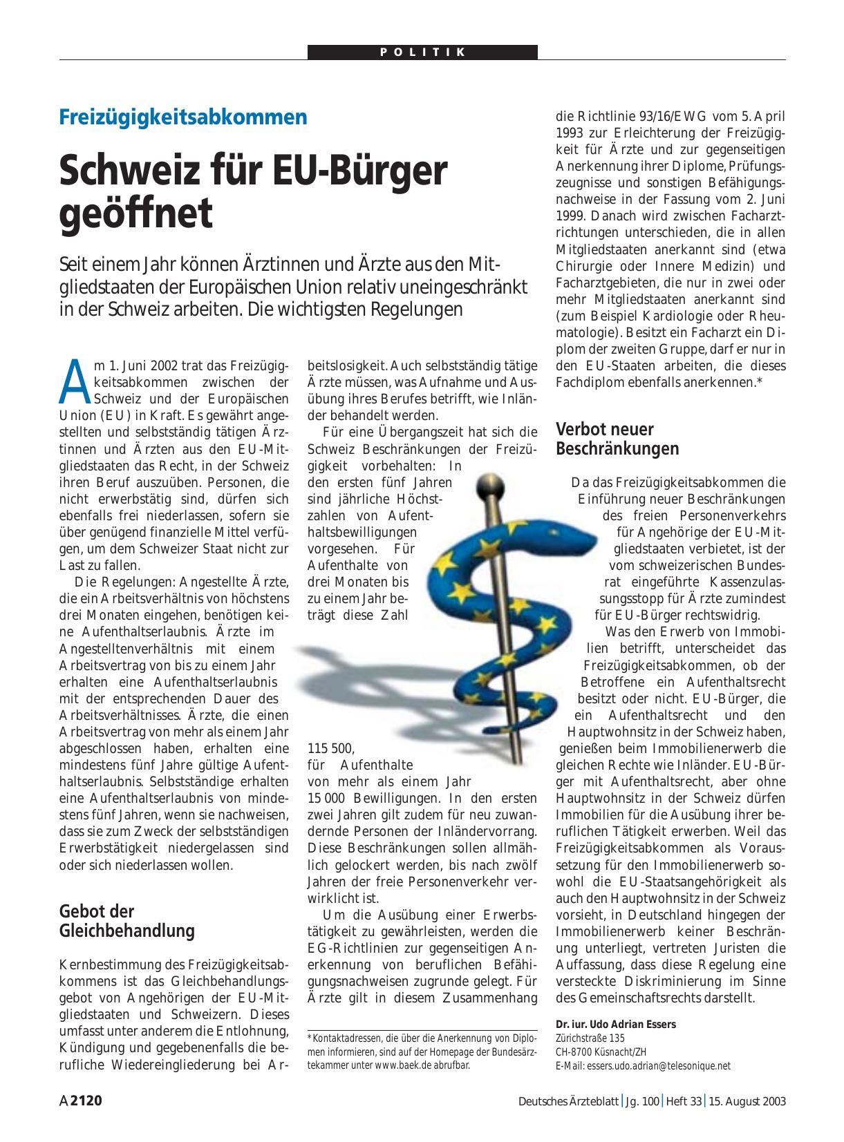 Vorschauseite 1: Freizügigkeitsabkommen: Schweiz für EU-Bürger geöffnet