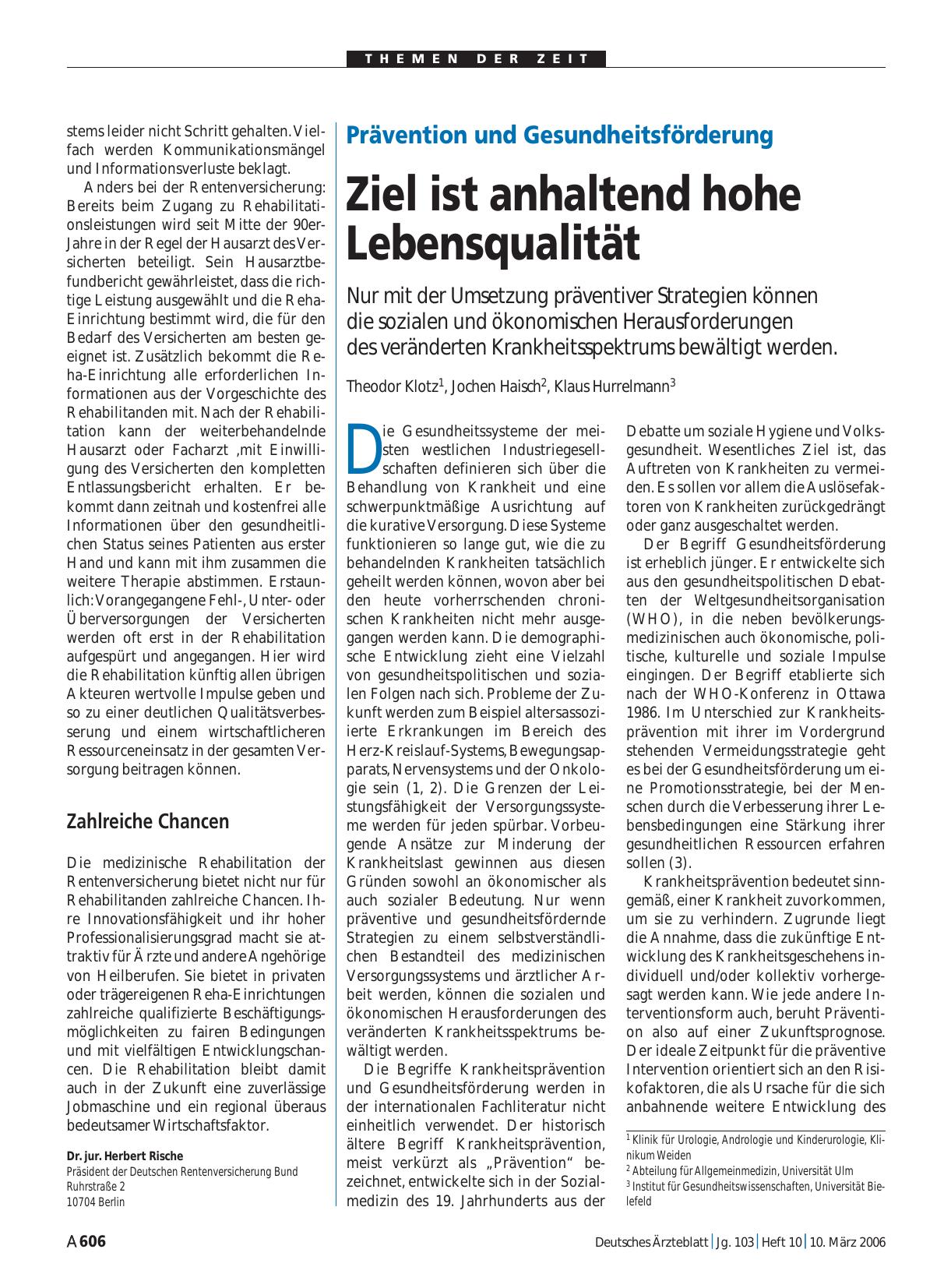 Vorschauseite 1: Prävention und Gesundheitsförderung: Ziel ist anhaltend hohe Lebensqualität