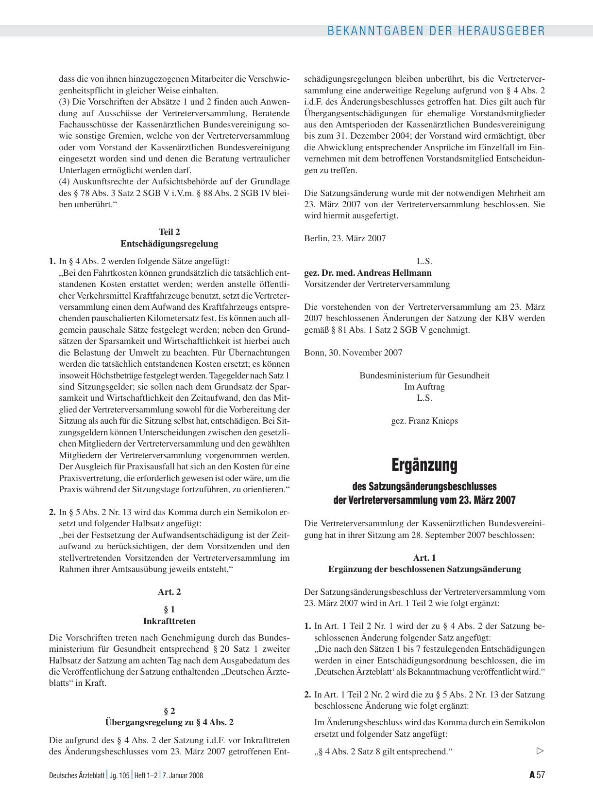 Vorschauseite 1: Ergänzung des Satzungsänderungsbeschlusses der Vertreterversammlung vom 23. März 2007
