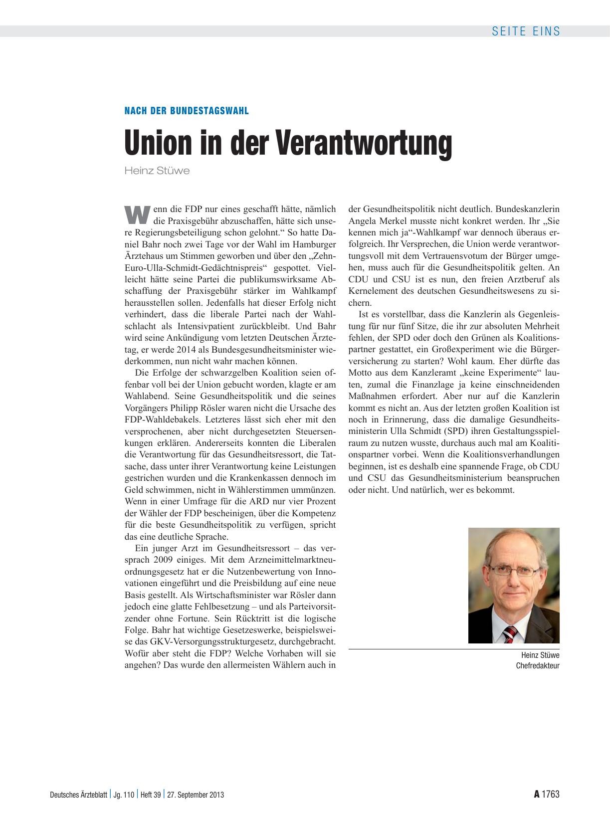 Vorschauseite 1: Nach der Bundestagswahl: Union in der Verantwortung