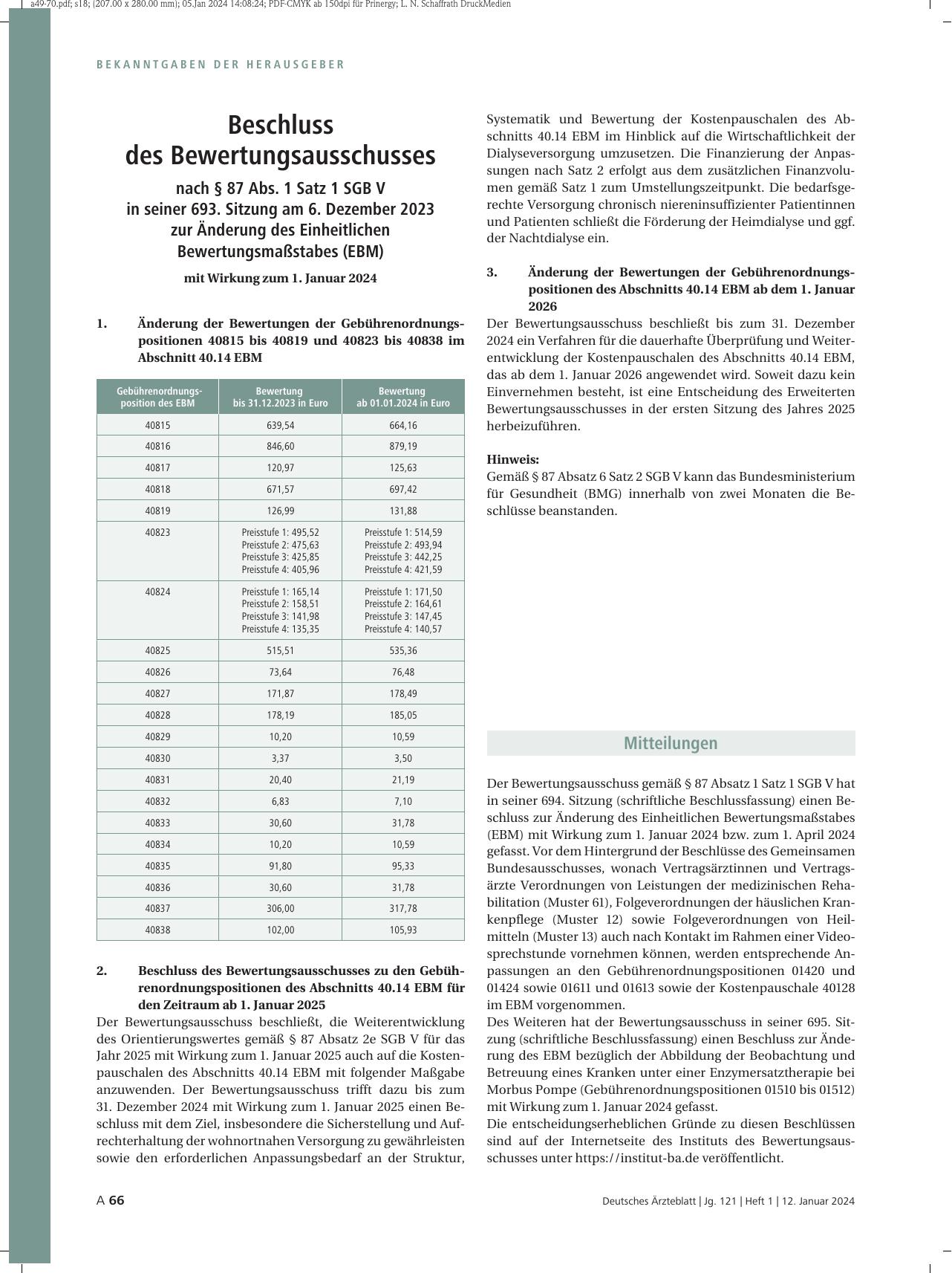 Vorschauseite 1: Beschluss des Bewertungsausschusses nach § 87 Abs. 1 Satz 1 SGB V in seiner 693. Sitzung am 6. Dezember 2023 zur Änderung des Einheitlichen Bewertungsmaßstabes (EBM) mit Wirkung z…