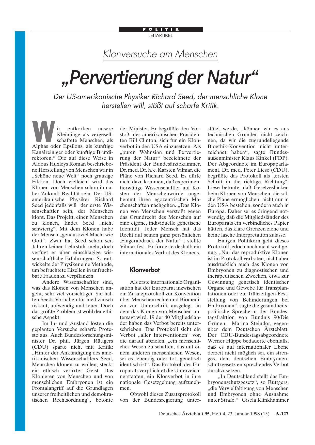 Vorschauseite 1: Klonversuche am Menschen: „Pervertierung der Natur“