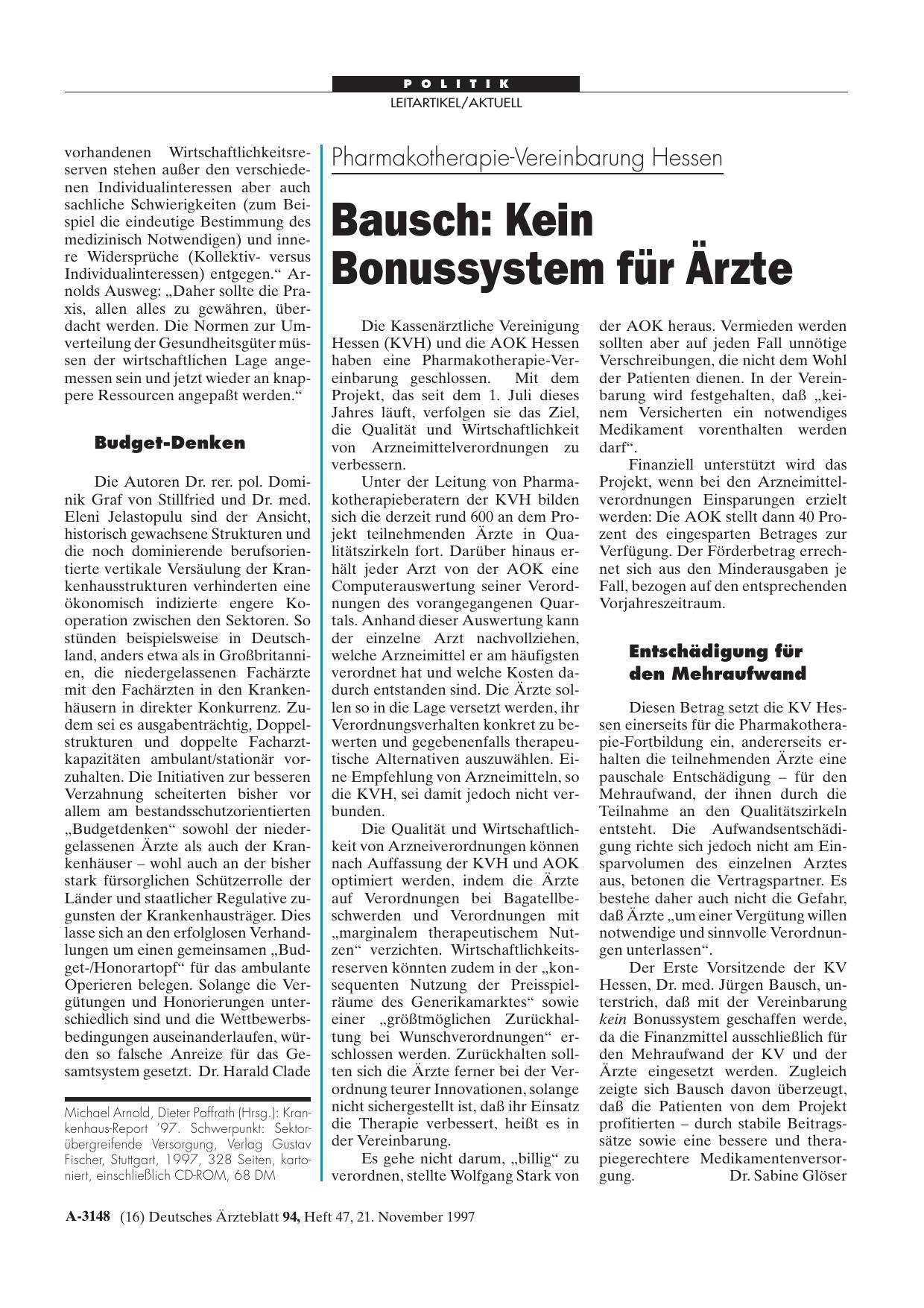 Vorschauseite 1: Pharmakotherapie-Vereinbarung Hessen – Bausch: Kein Bonussystem für Ärzte