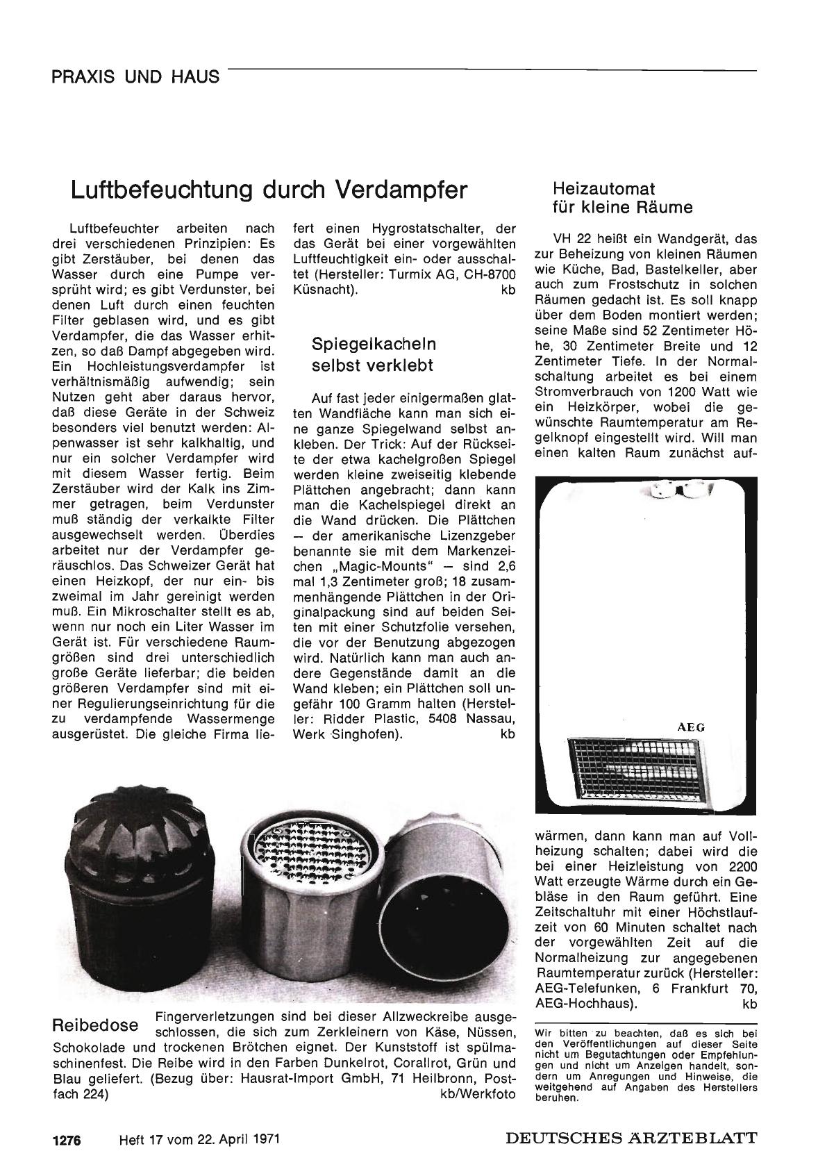 Vorschauseite 1: Luftbefeuchtung durch Verdampfer / Heizautomat für kleine Räume / Reibedose / Spiegelkacheln selbst verklebt