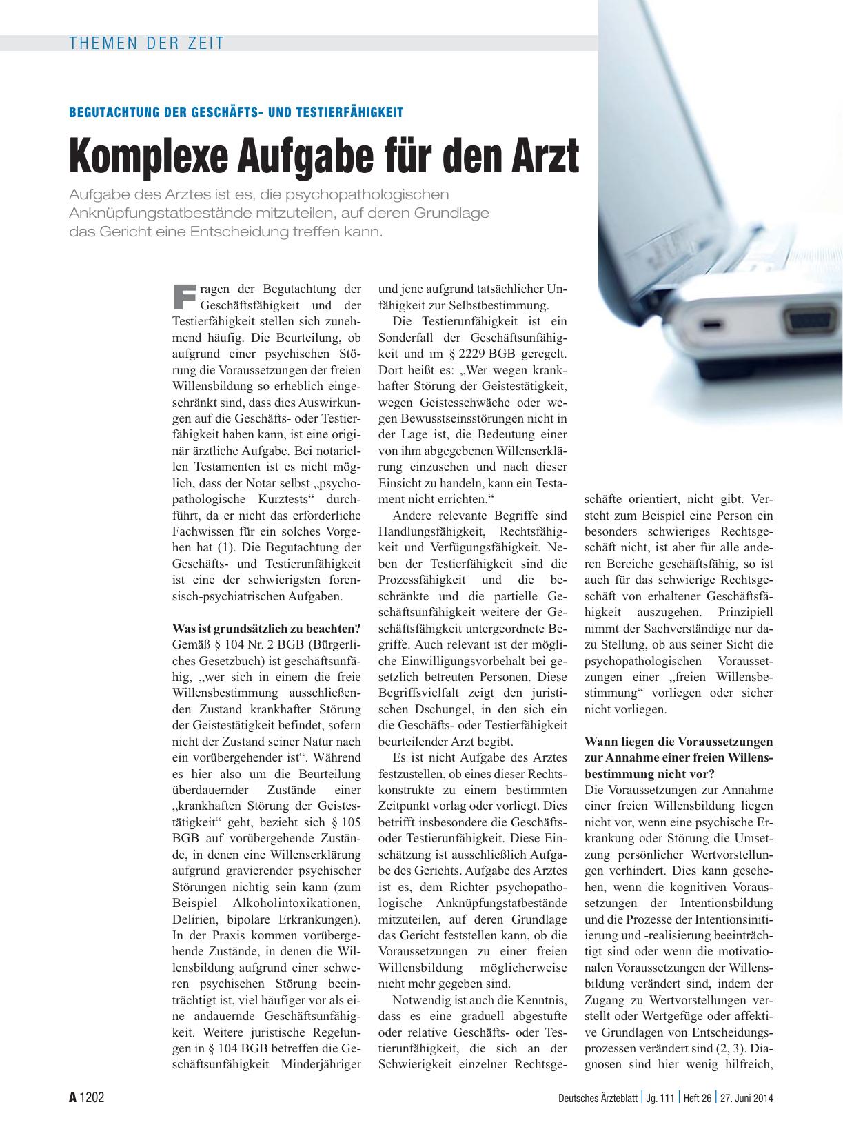 Vorschauseite 1: Begutachtung der Geschäftsund Testierfähigkeit: Komplexe Aufgabe für den Arzt
