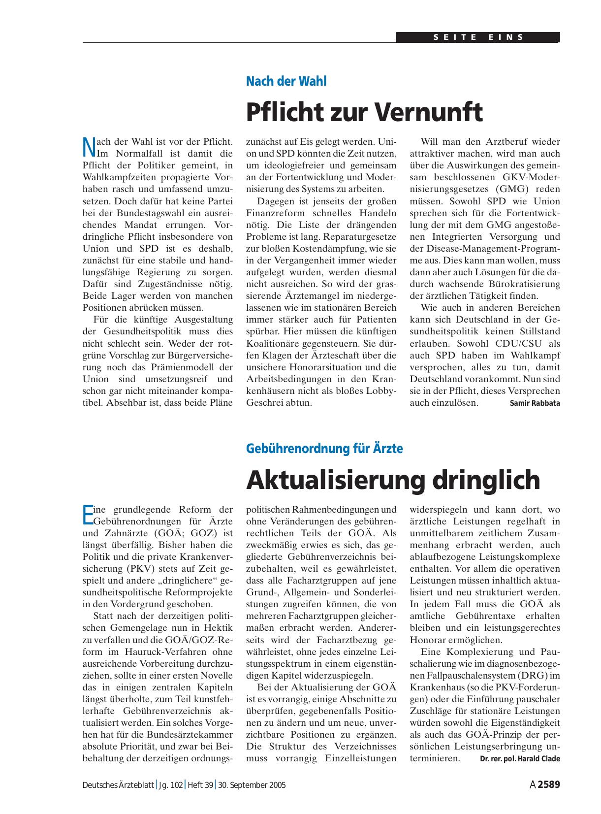 Vorschauseite 1: Gebührenordnung für Ärzte: Aktualisierung dringlich
