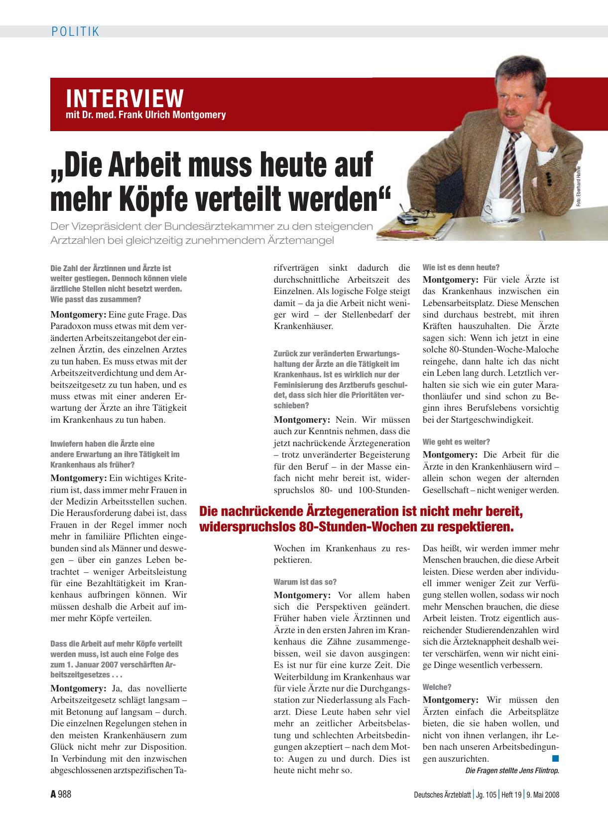 Vorschauseite 1: Interview mit Dr. med. Frank Ulrich Montgomery: „Die Arbeit muss heute auf mehr Köpfe verteilt werden“