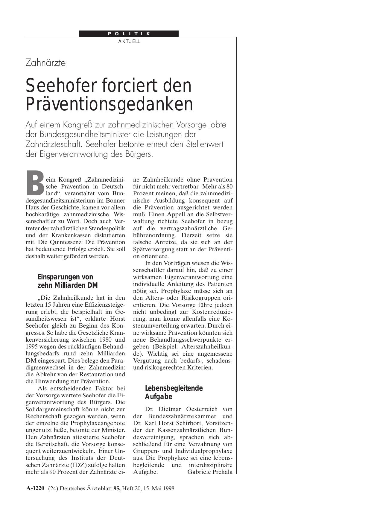Vorschauseite 1: Zahnärzte: Seehofer forciert den Präventionsgedanken