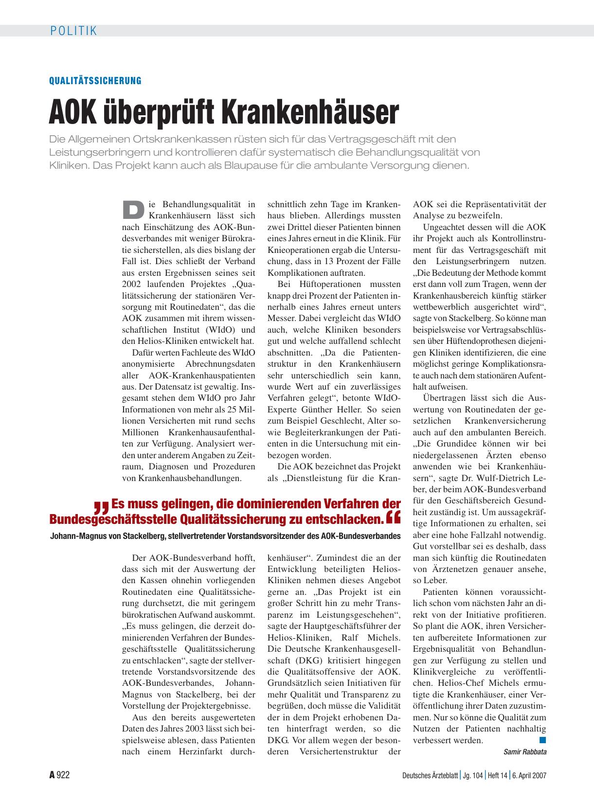 Vorschauseite 1: Qualitätssicherung: AOK überprüft Krankenhäuser