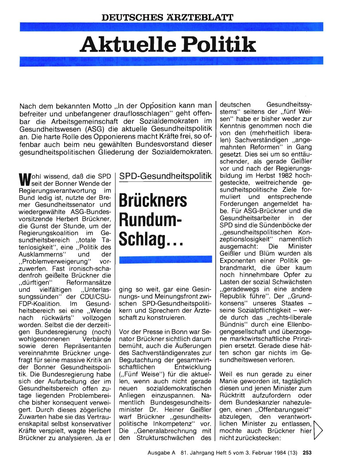 Vorschauseite 1: SPD-Gesundheitspolitik Brückners Rundum-Schlag. ..
