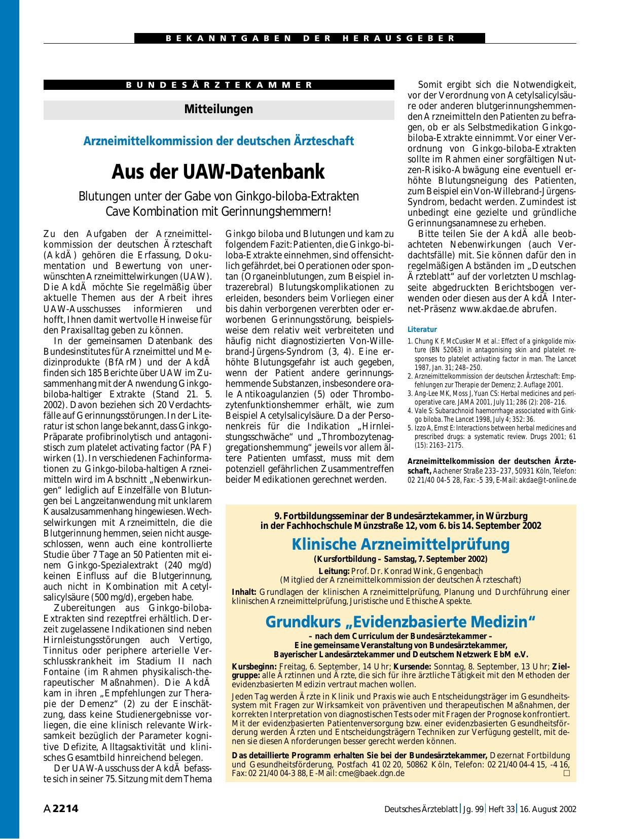 Vorschauseite 1: Mitteilungen: Aus der UAW-Datenbank