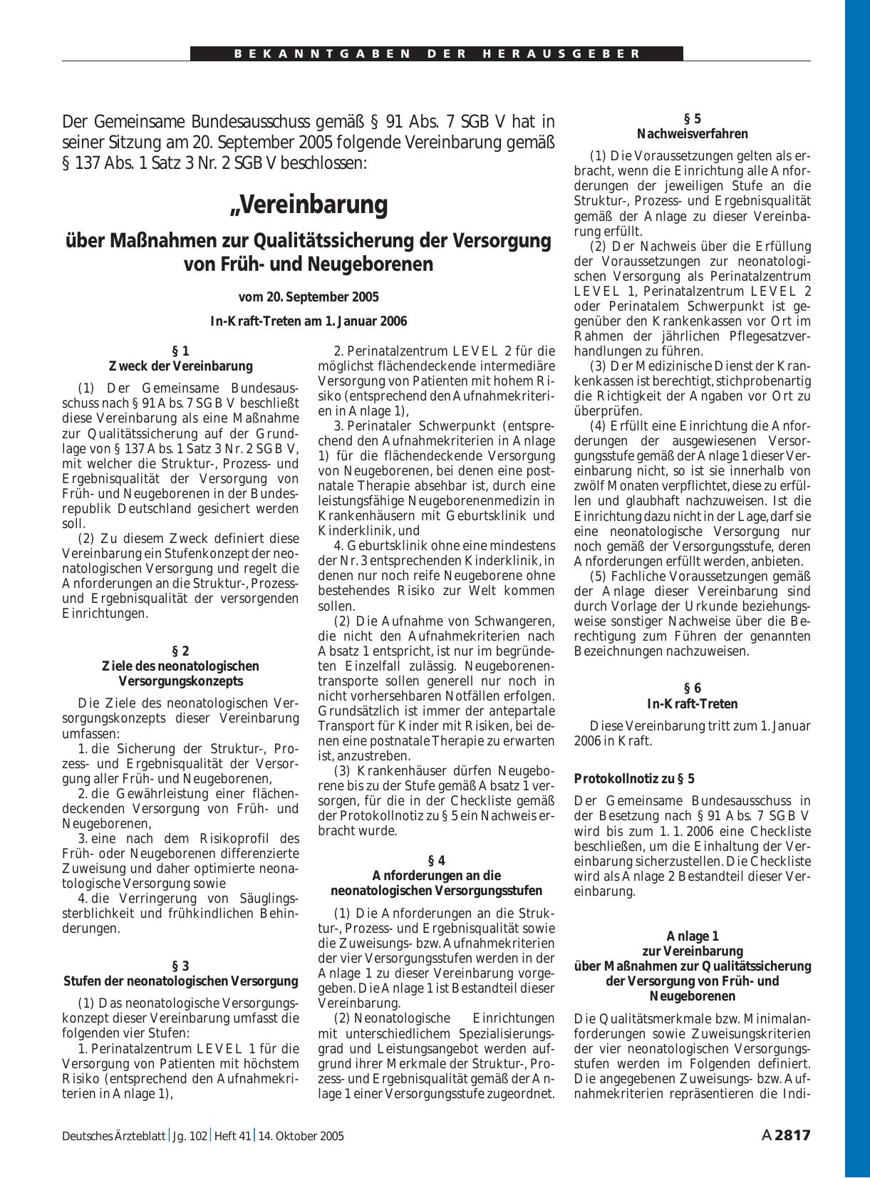 Vorschauseite 1: Vereinbarung über Maßnahmen zur Qualitätssicherung der Versorgung von Frühund Neugeborenen vom 20. September 2005