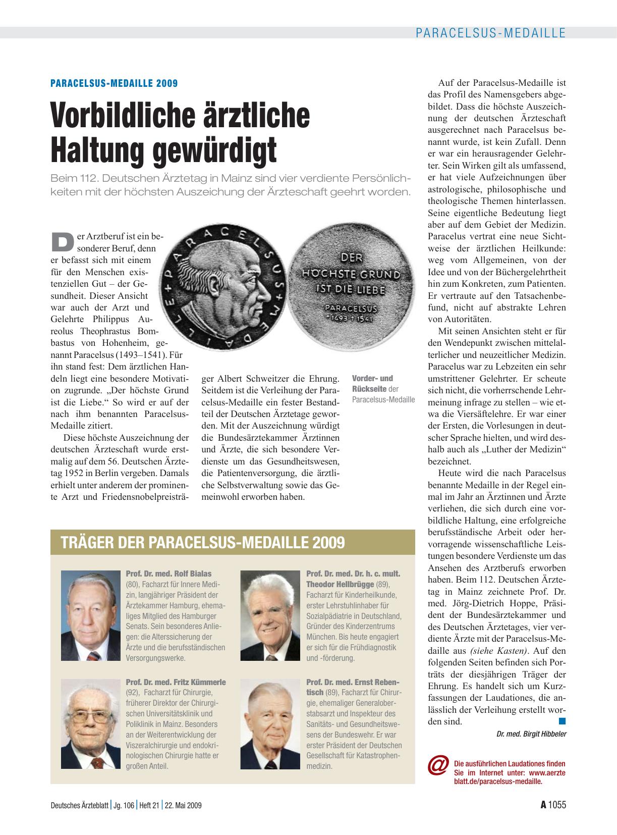 Vorschauseite 1: Paracelsus-Medaille 2009: Vorbildliche ärztliche Haltung gewürdigt