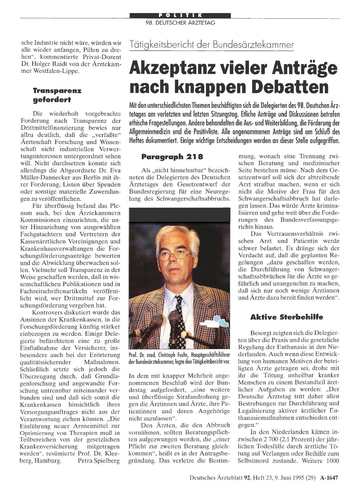 Vorschauseite 1: Tätigkeitsbericht der Bundesärztekammer: Akzeptanz vieler Anträge nach knappen Debatten