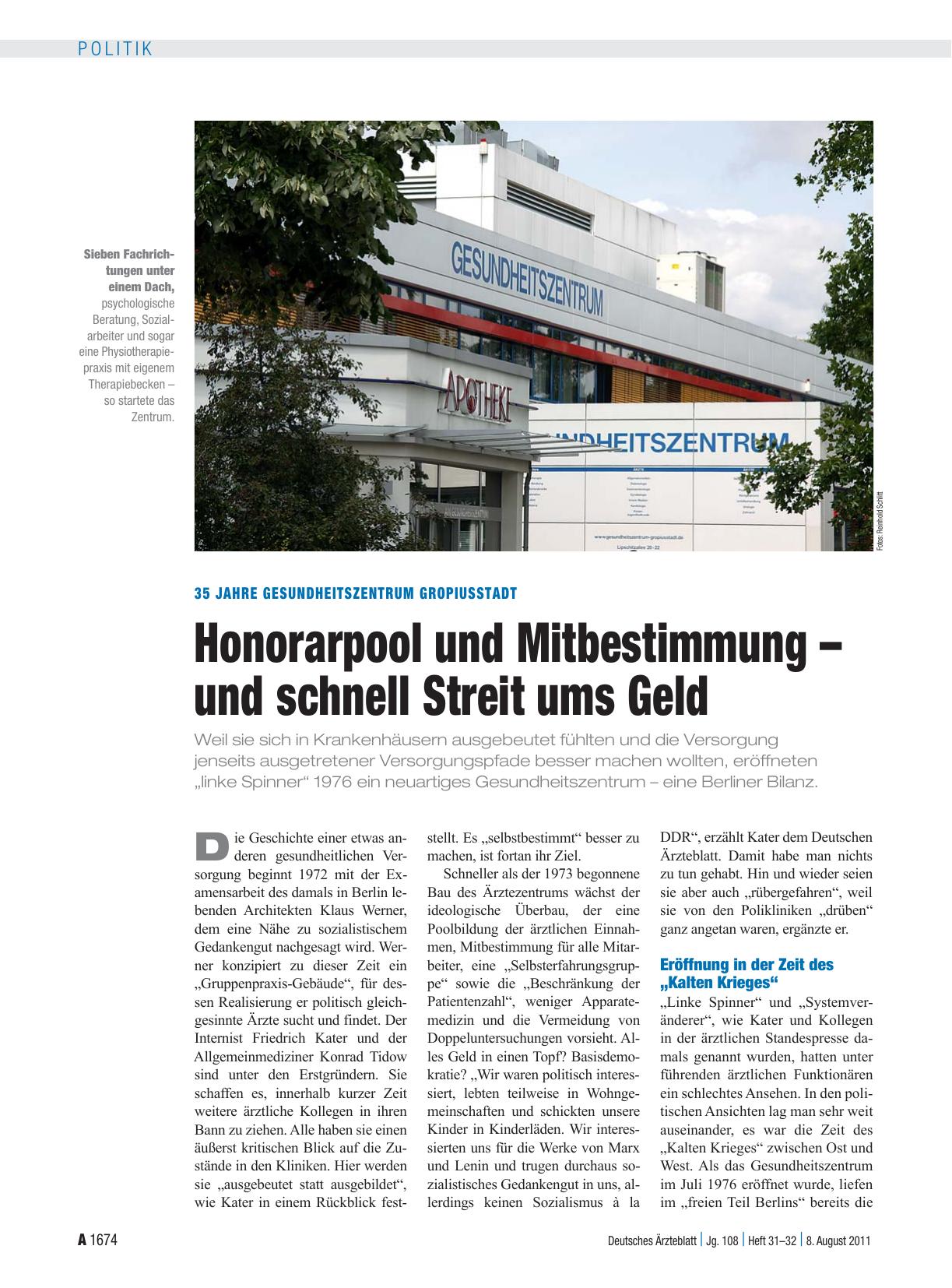 Vorschauseite 1: 35 Jahre Gesundheitszentrum Gropiusstadt: Honorarpool und Mitbestimmung – und schnell Streit ums Geld