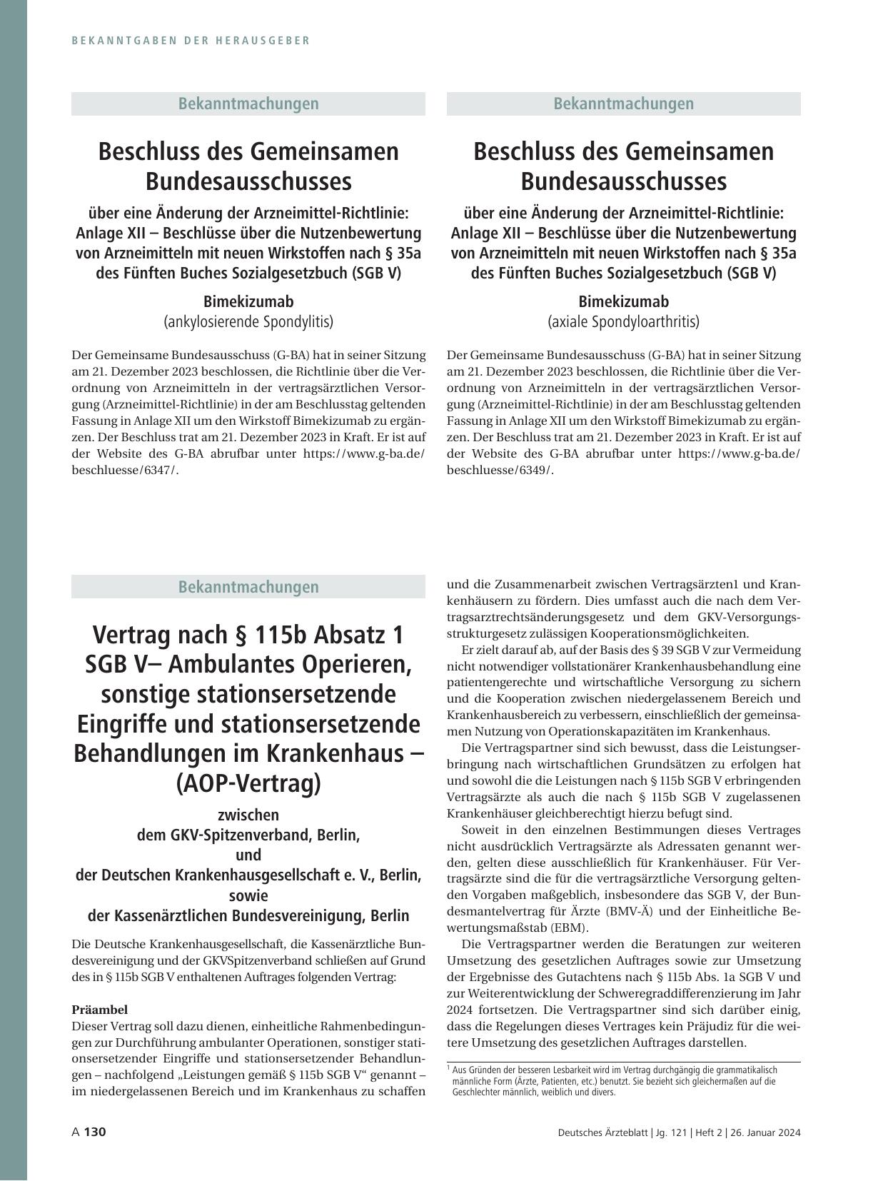 Vorschauseite 1: Beschluss des Gemeinsamen Bundesausschusses über eine Änderung der Arzneimittel-Richtlinie: Anlage XII – Bimekizumab (ankylosierende Spondylitis)