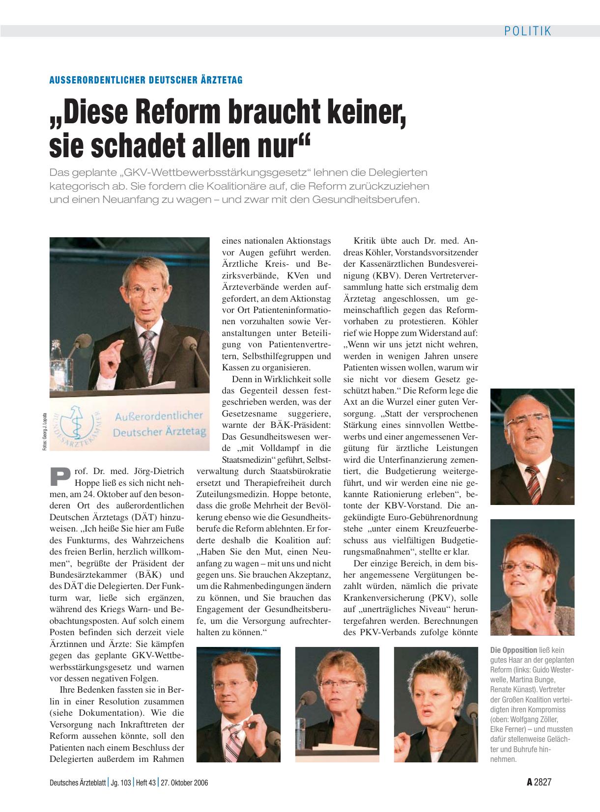 Vorschauseite 1: Außerordentlicher Deutscher Ärztetag: „Diese Reform braucht keiner, sie schadet allen nur“