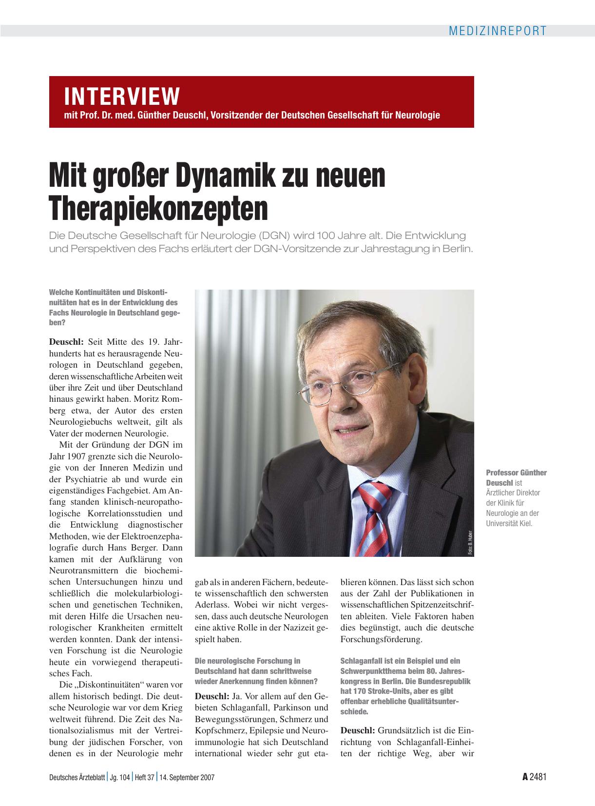 Vorschauseite 1: Interview mit Prof. Dr. med. Günther Deuschl, Vorsitzender der Deutschen Gesellschaft für Neurologie: Mit großer Dynamik zu neuen Therapiekonzepten