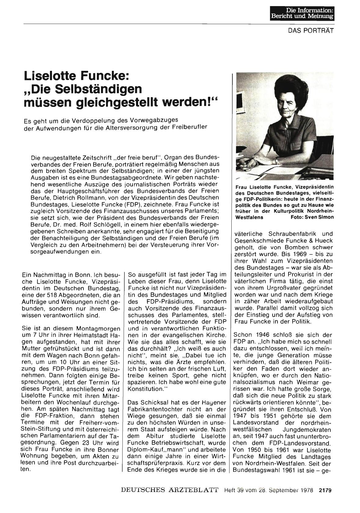 Vorschauseite 1: Liselotte Funcke: „Die Selbständigen müssen gleichgestellt werden! “