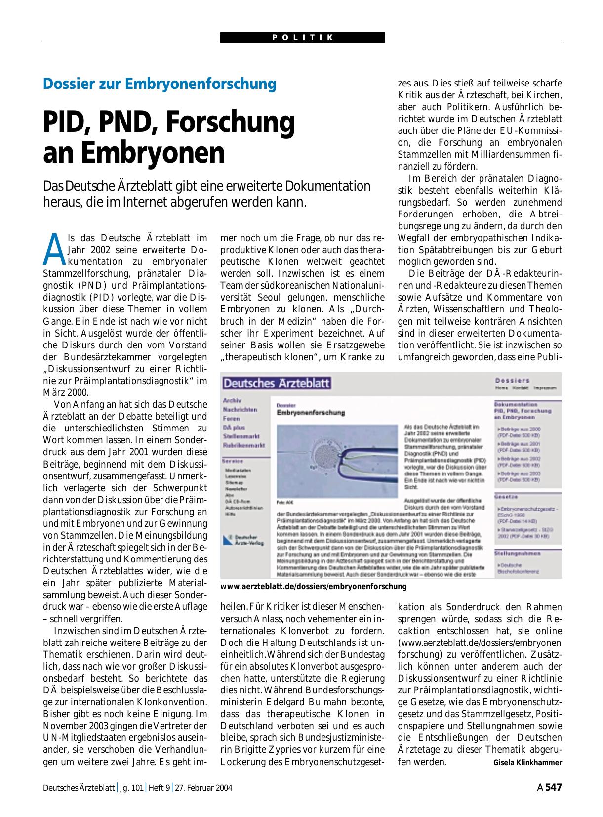 Vorschauseite 1: Dossier zur Embryonenforschung: PID, PND, Forschung an Embryonen