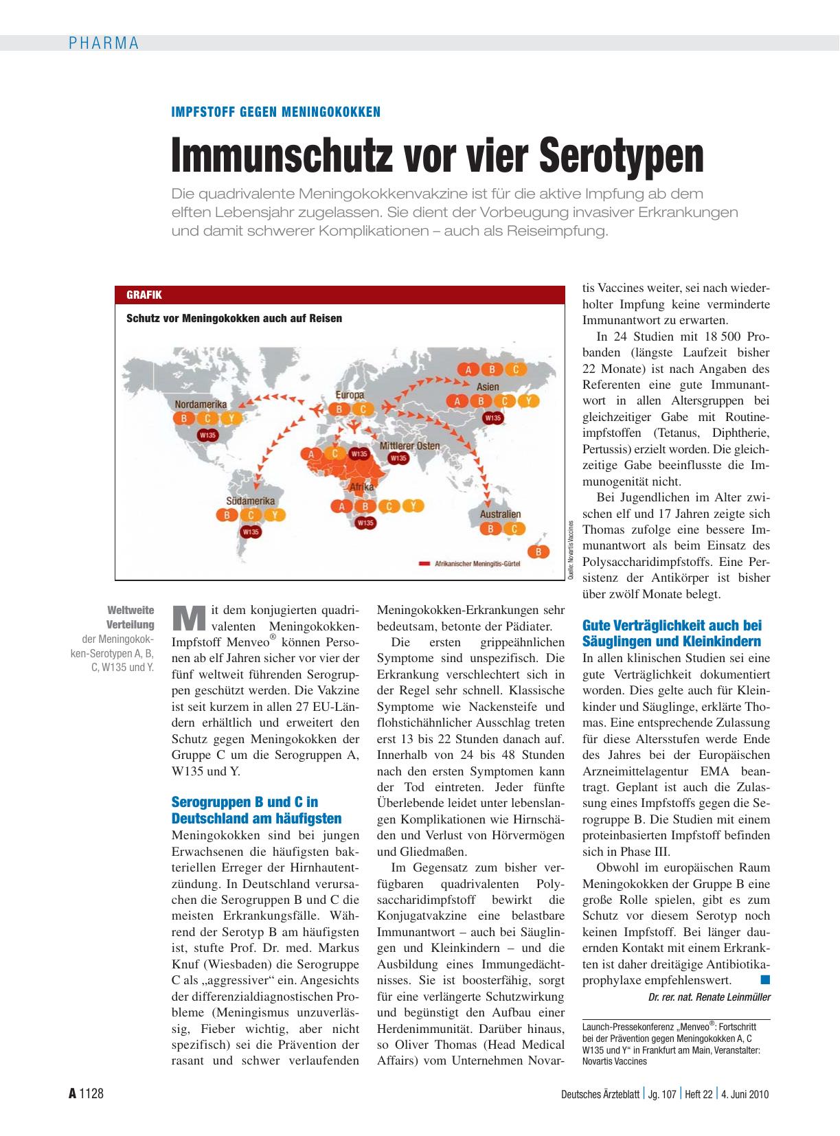 Vorschauseite 1: Impfstoff gegen Meningokokken: Immunschutz vor vier Serotypen