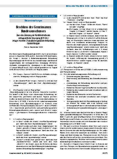 Vorschauseite 1: Beschluss des Gemeinsamen Bundesausschusses über eine Änderung der Richtlinie Methoden vertragsärztliche Versorgung (MVV-RL): Anlage I Nummer 2 Substitutionsgestützte Behandlung O…