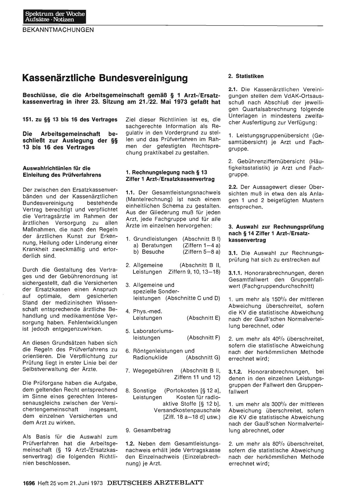 Vorschauseite 1: Kassenärztliche Bundesvereinigung: Beschlüsse, die die Arbeitsgemeinschaft gemäß § 1 Arzt-/Ersatzkassenvertrag in ihrer 23. Sitzung am 21. /22. Mai 1973 gefaßt hat
