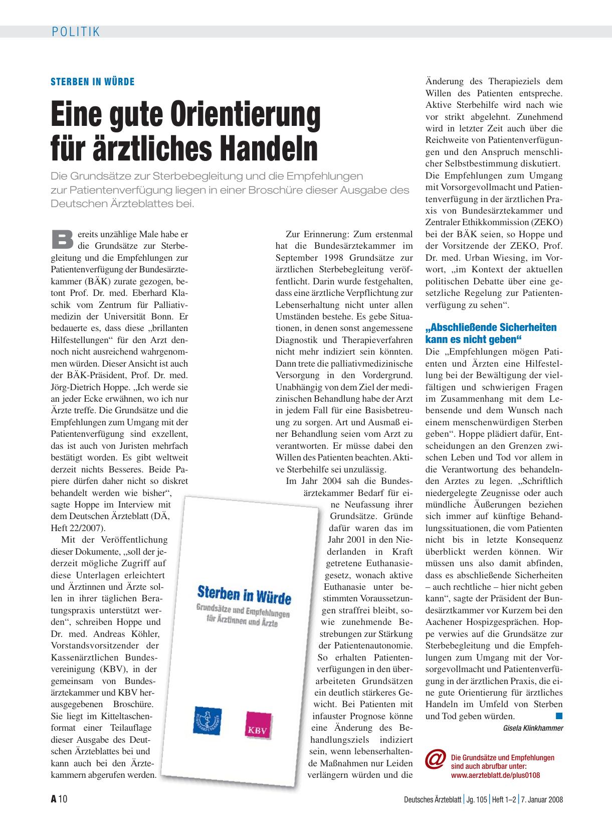 Vorschauseite 1: Sterben in Würde: Eine gute Orientierung für ärztliches Handeln