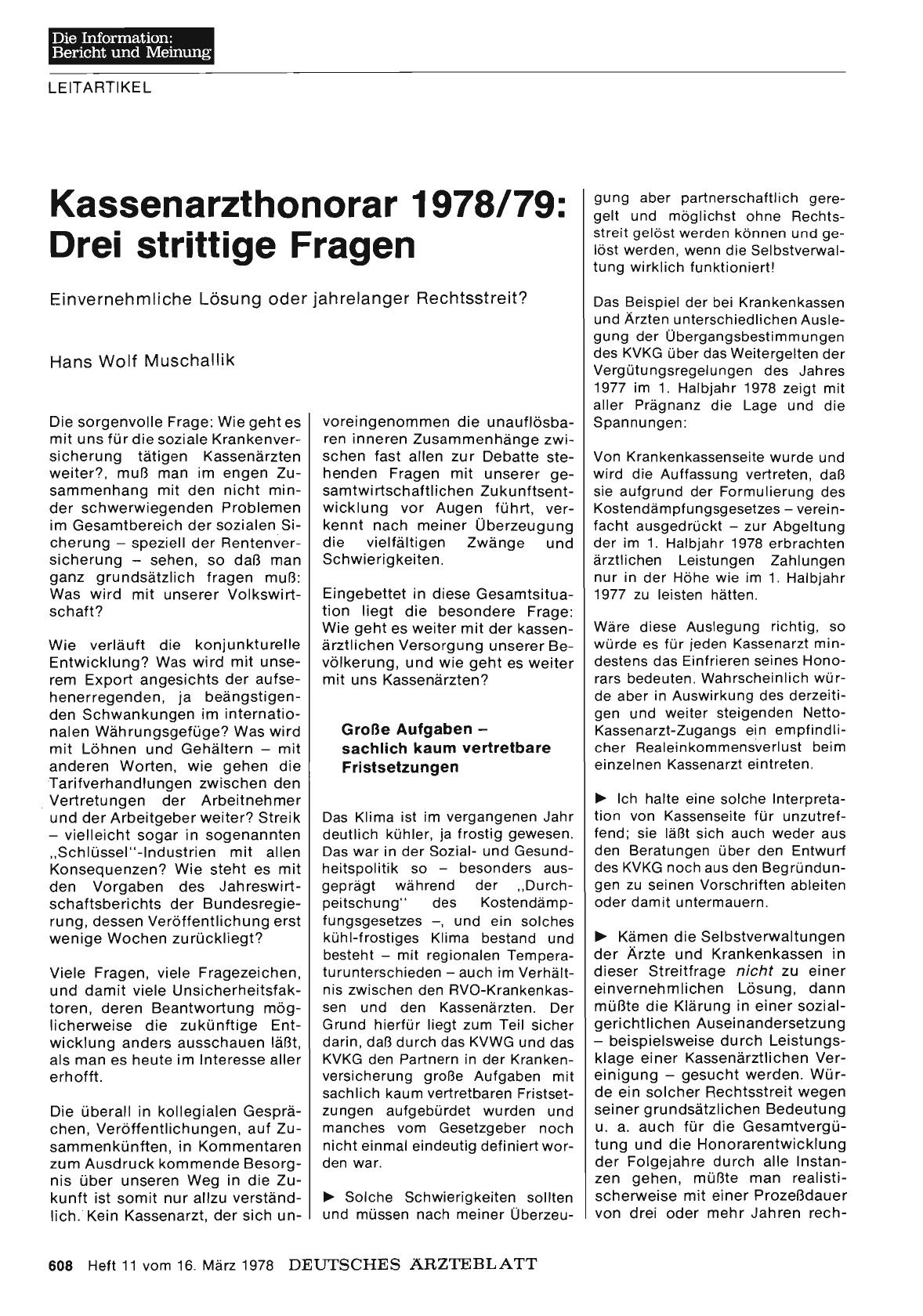 Vorschauseite 1: Kassenarzthonorar 1978/79: Drei strittige Fragen