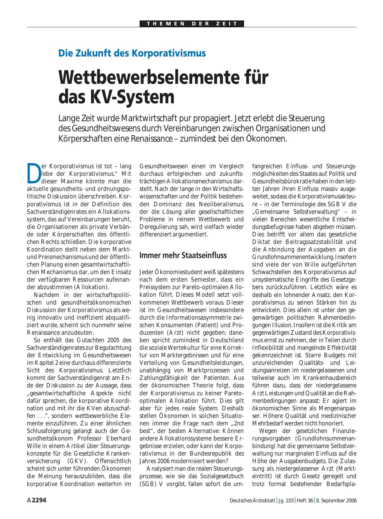 Vorschauseite 1: Die Zukunft des Korporativismus: Wettbewerbselemente für das KV-System