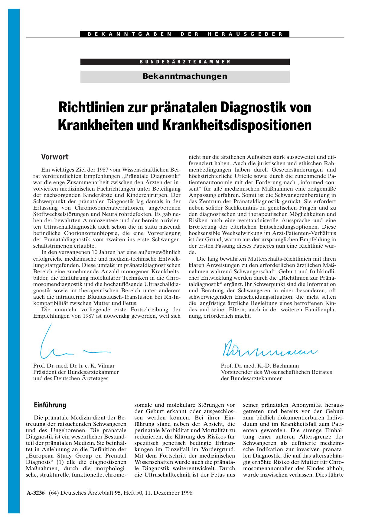 Vorschauseite 1: Richtlinien zur pränatalen Diagnostik von Krankheiten und Krankheitsdispositionen