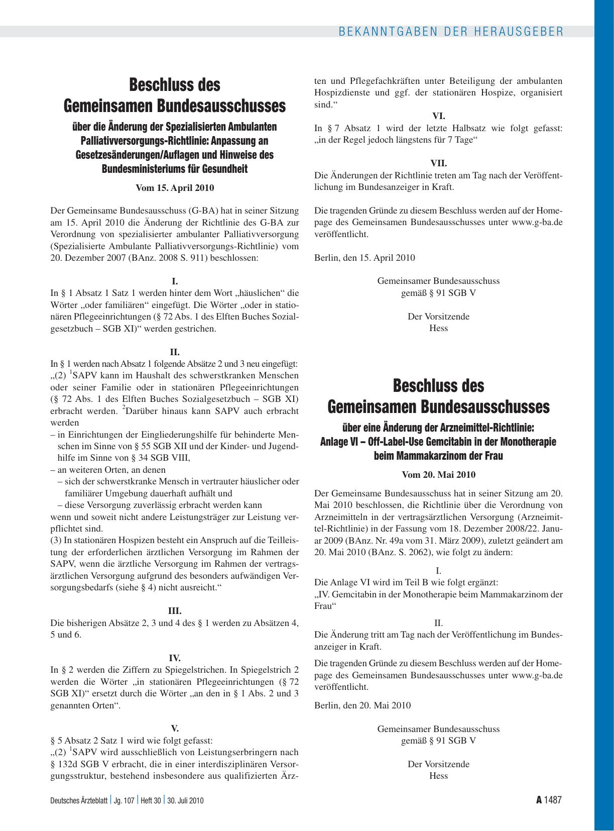 Vorschauseite 1: Beschluss des Gemeinsamen Bundesausschusses über die Änderung der Spezialisierten Ambulanten Palliativversorgungs-Richtlinie: Anpassung an Gesetzesänderungen/Auflagen und Hinweise…