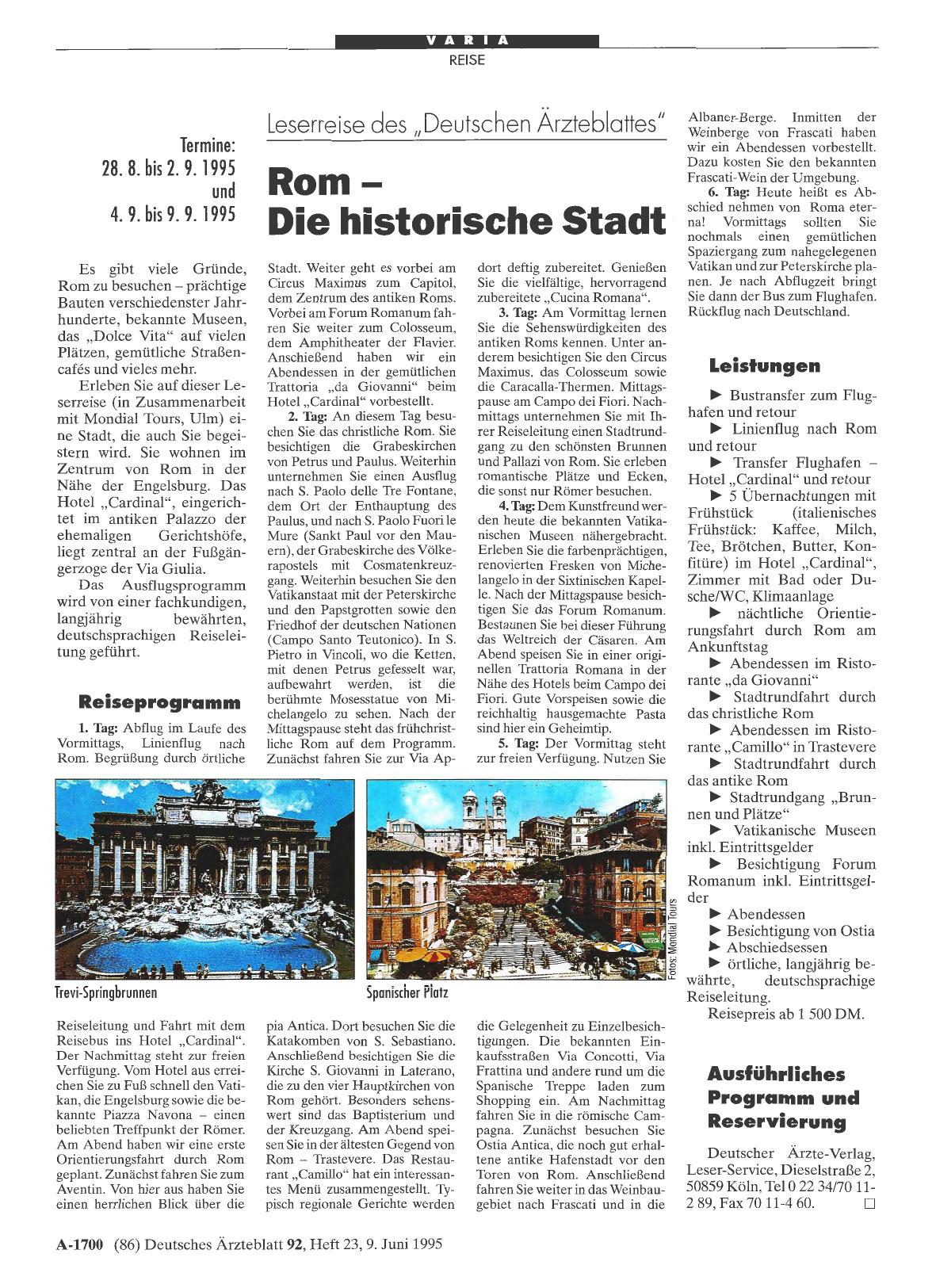 Vorschauseite 1: Leserreise des „Deutschen Ärzteblattes“: Rom-Die historische Stadt