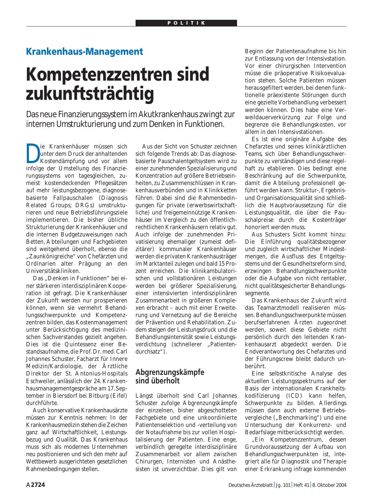 Vorschauseite 1: Krankenhaus-Management: Kompetenzzentren sind zukunftsträchtig