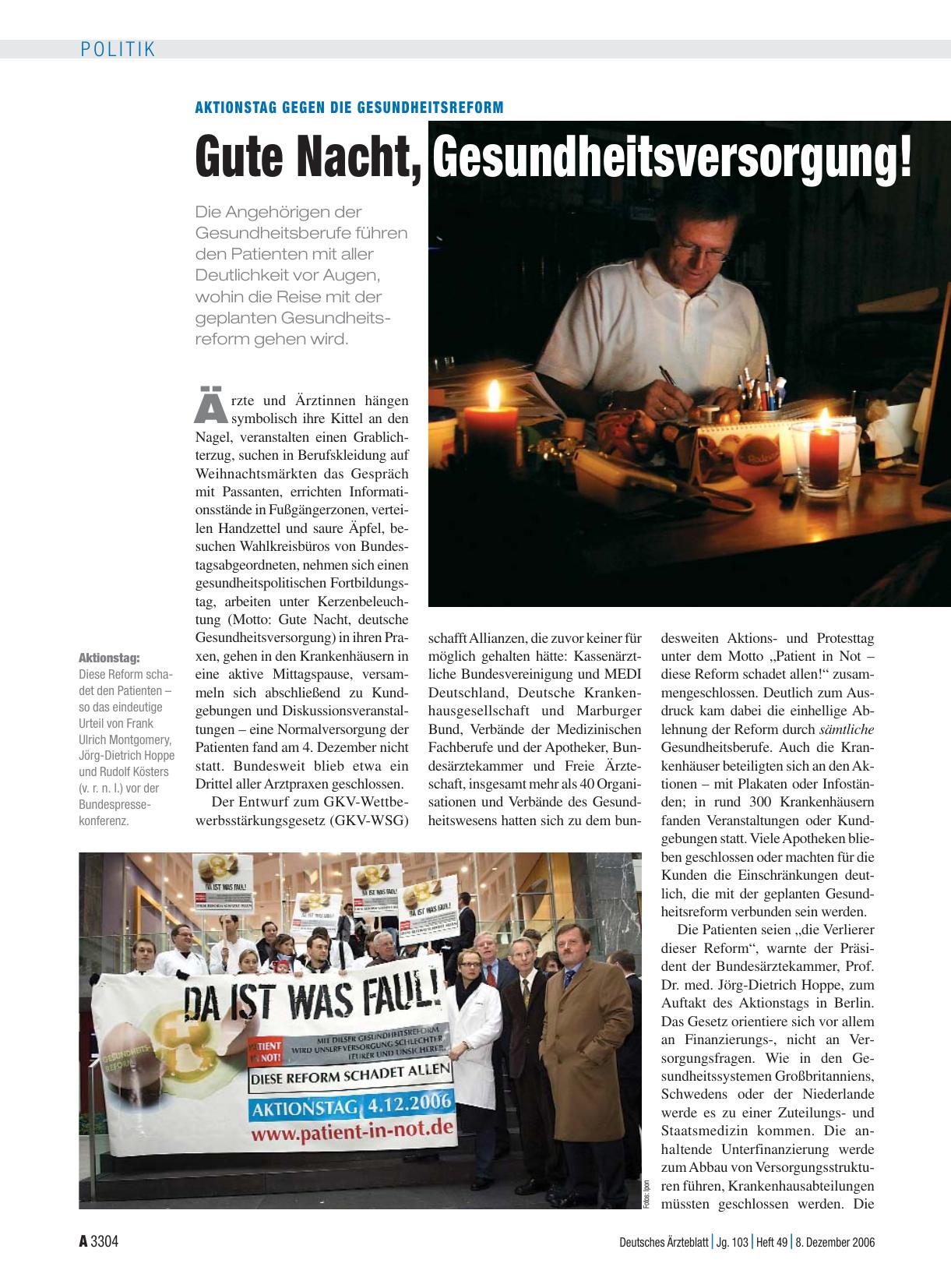 Vorschauseite 1: Aktionstag gegen die Gesundheitsreform: Gute Nacht, Gesundheitsversorgung!