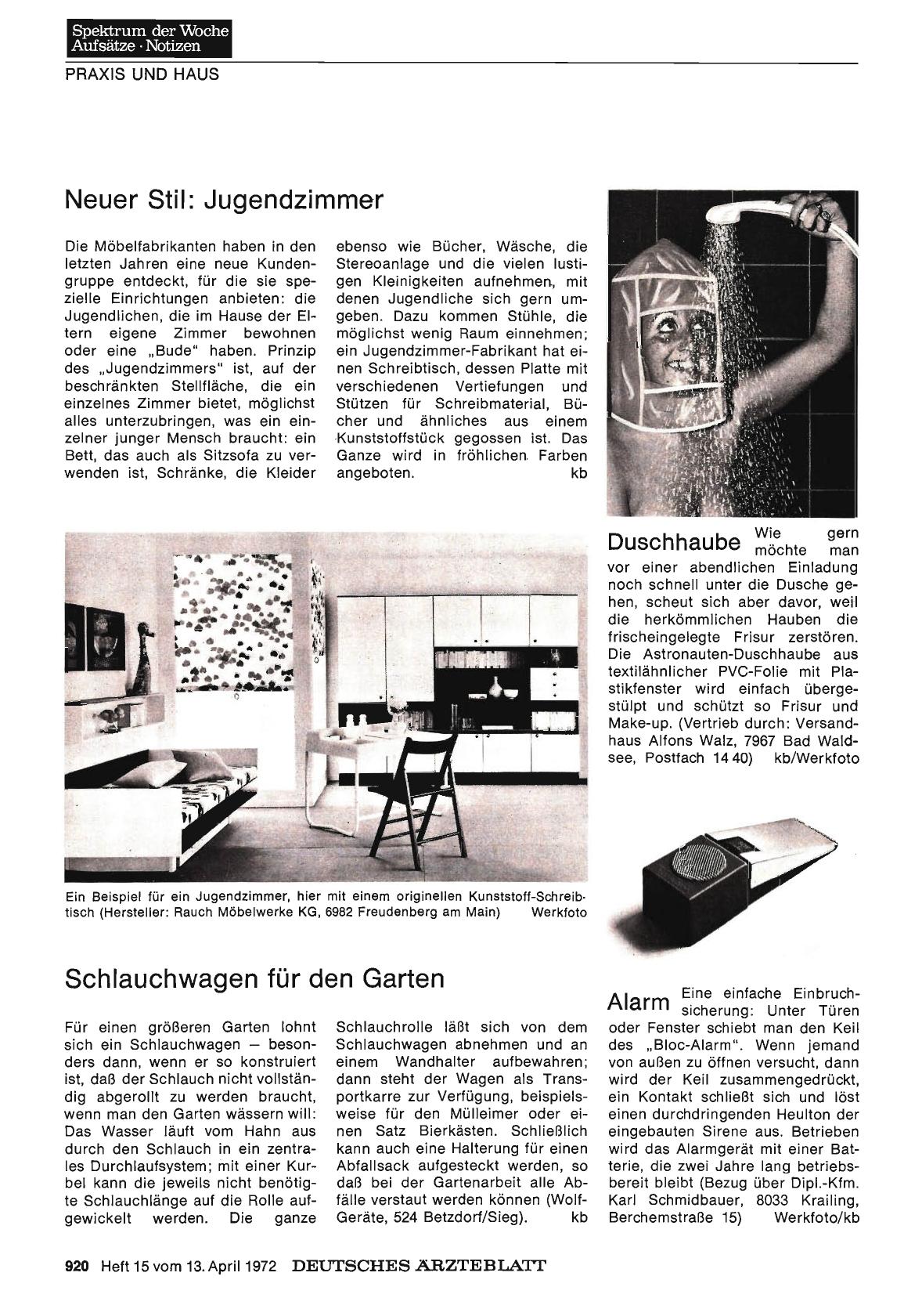 Vorschauseite 1: Neuer Stil: Jugendzimmer/ Schlauchwagen für den Garten / Duschhaube / Alarm