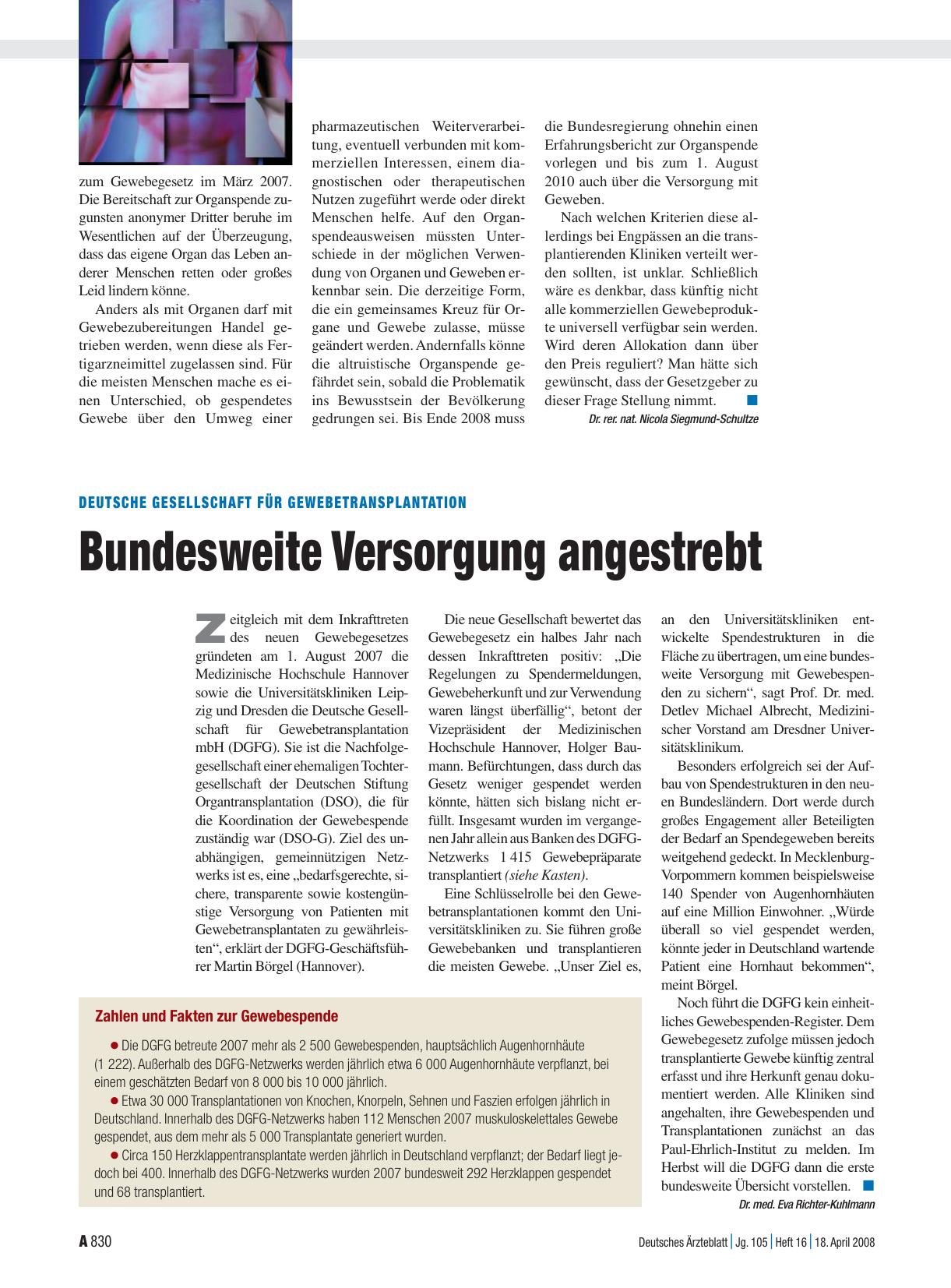 Vorschauseite 1: Deutsche Gesellschaft für Gewebetransplantation: Bundesweite Versorgung angestrebt