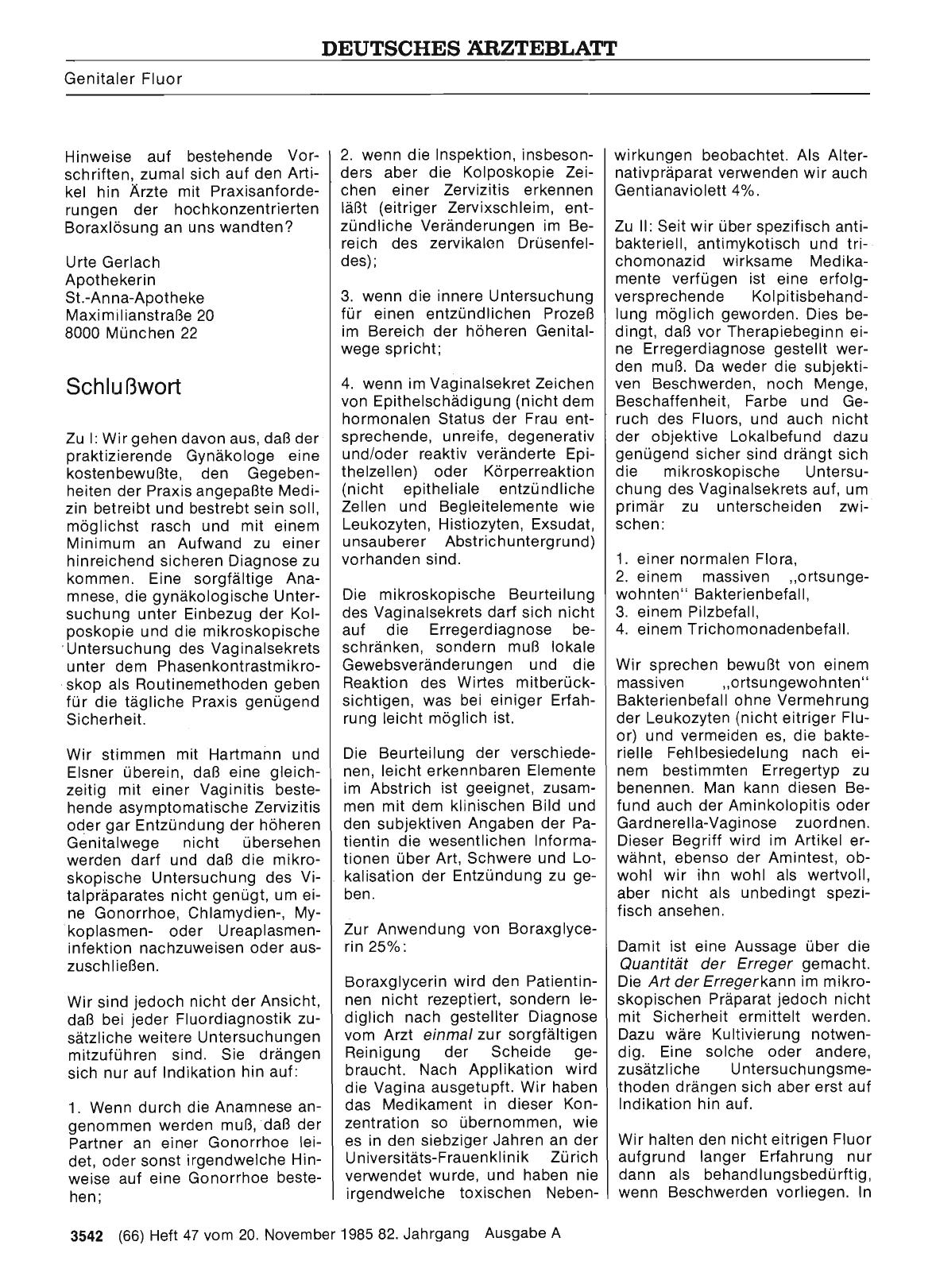 Vorschauseite 1: Diagnostische und therapeutische Probleme bei genitalem Fluor: Schlußwort