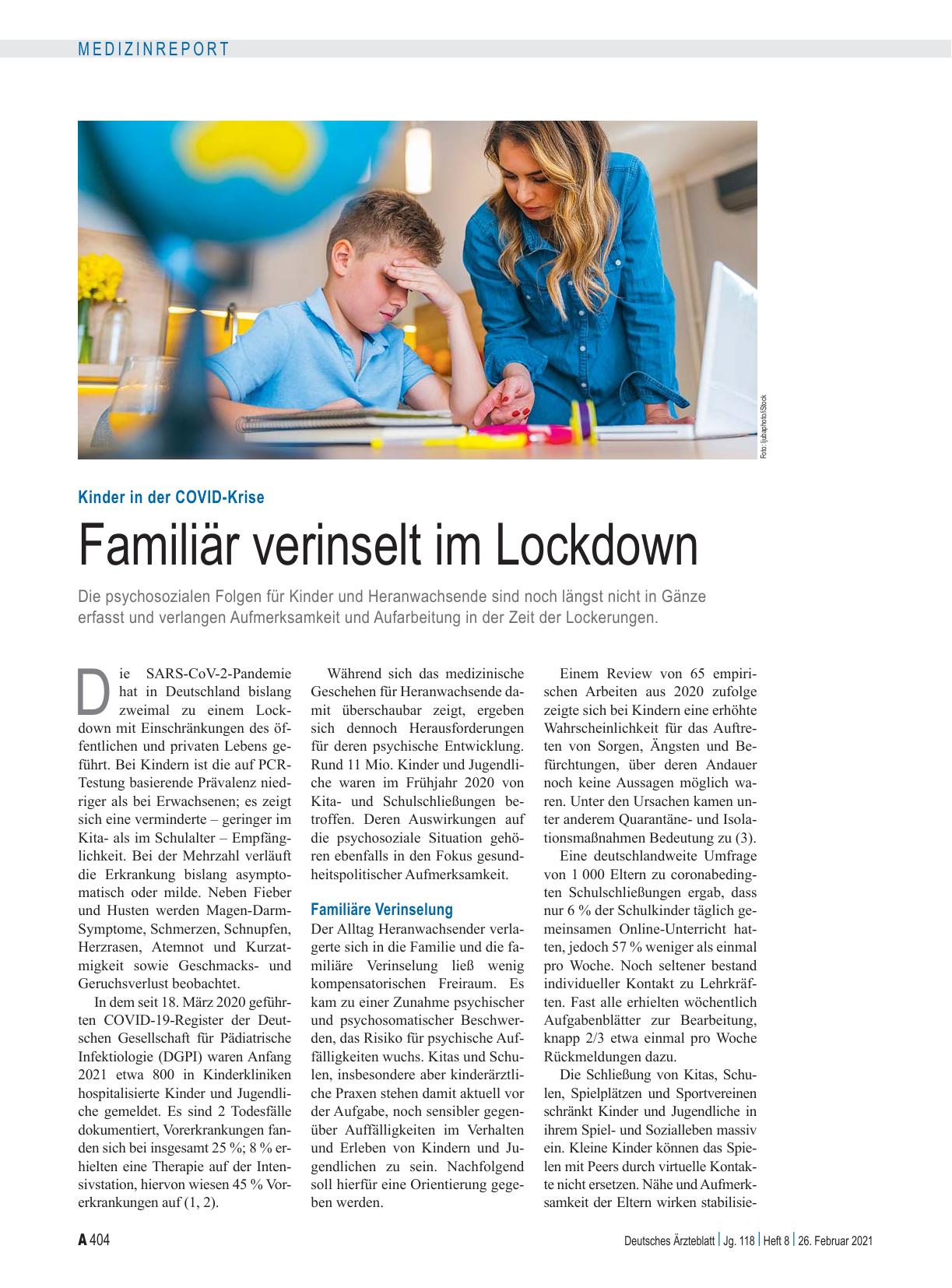 Vorschauseite 1: Kinder in der COVID-Krise: Familiär verinselt im Lockdown