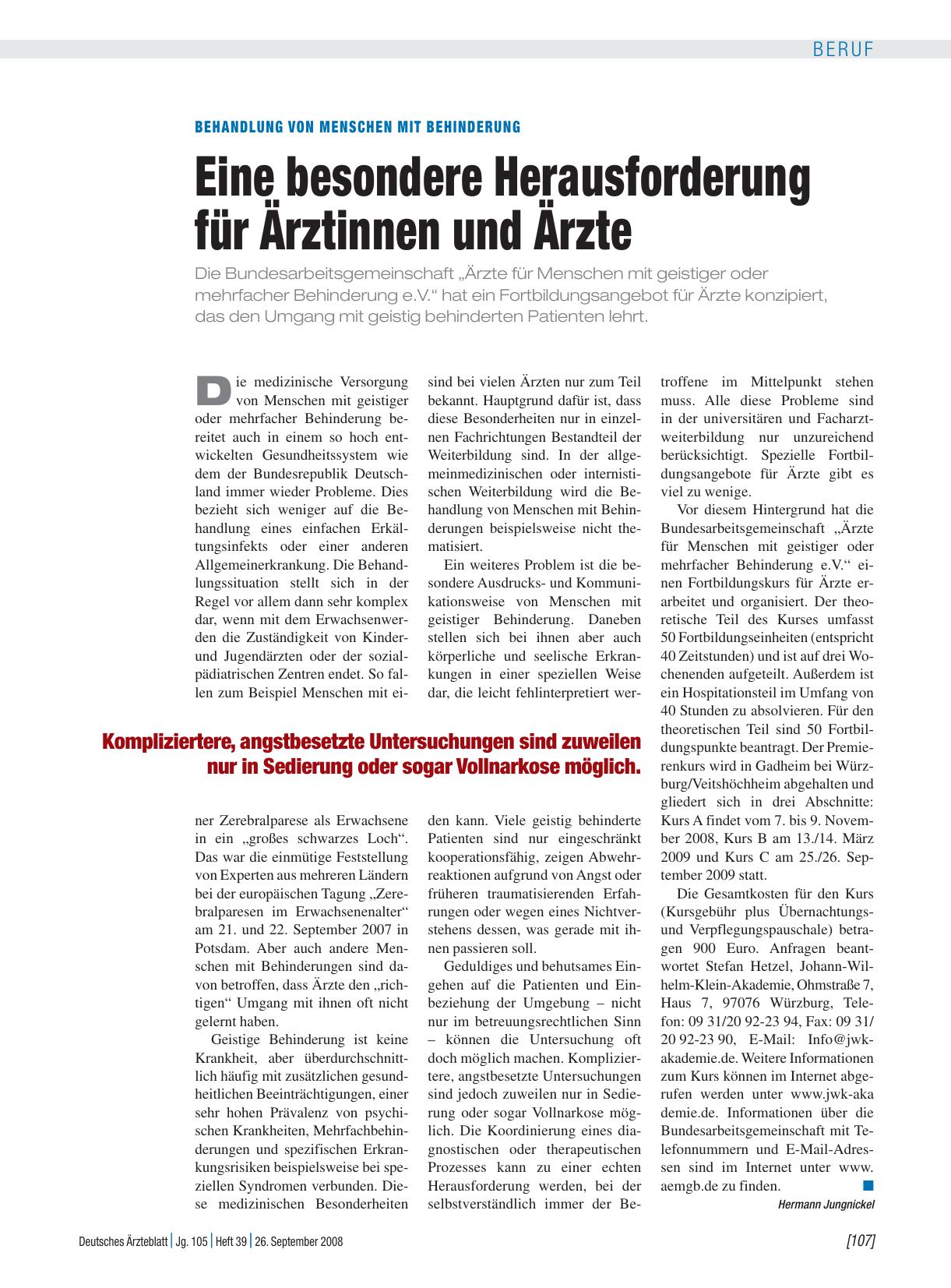 Vorschauseite 1: Behandlung von Menschen mit Behinderung: Eine besondere Herausforderung für Ärztinnen und Ärzte