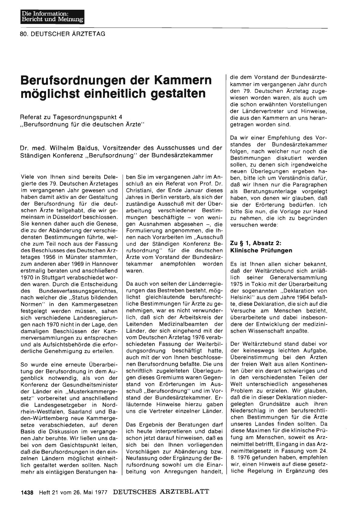 Vorschauseite 1: Berufsordnungen der Kammern möglichst einheitlich gestalten: Referat zu Tagesordnungspunkt 4 „Berufsordnung für die deutschen Ärzte“