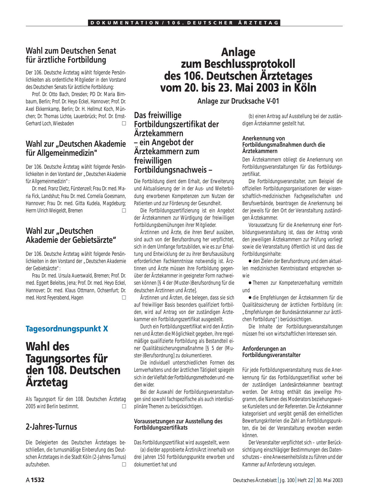 Vorschauseite 1: Anlage zum Beschlussprotokoll des 106. Deutschen Ärztetages vom 20. bis 23. Mai 2003 in Köln: Anlage zur Drucksache V-01