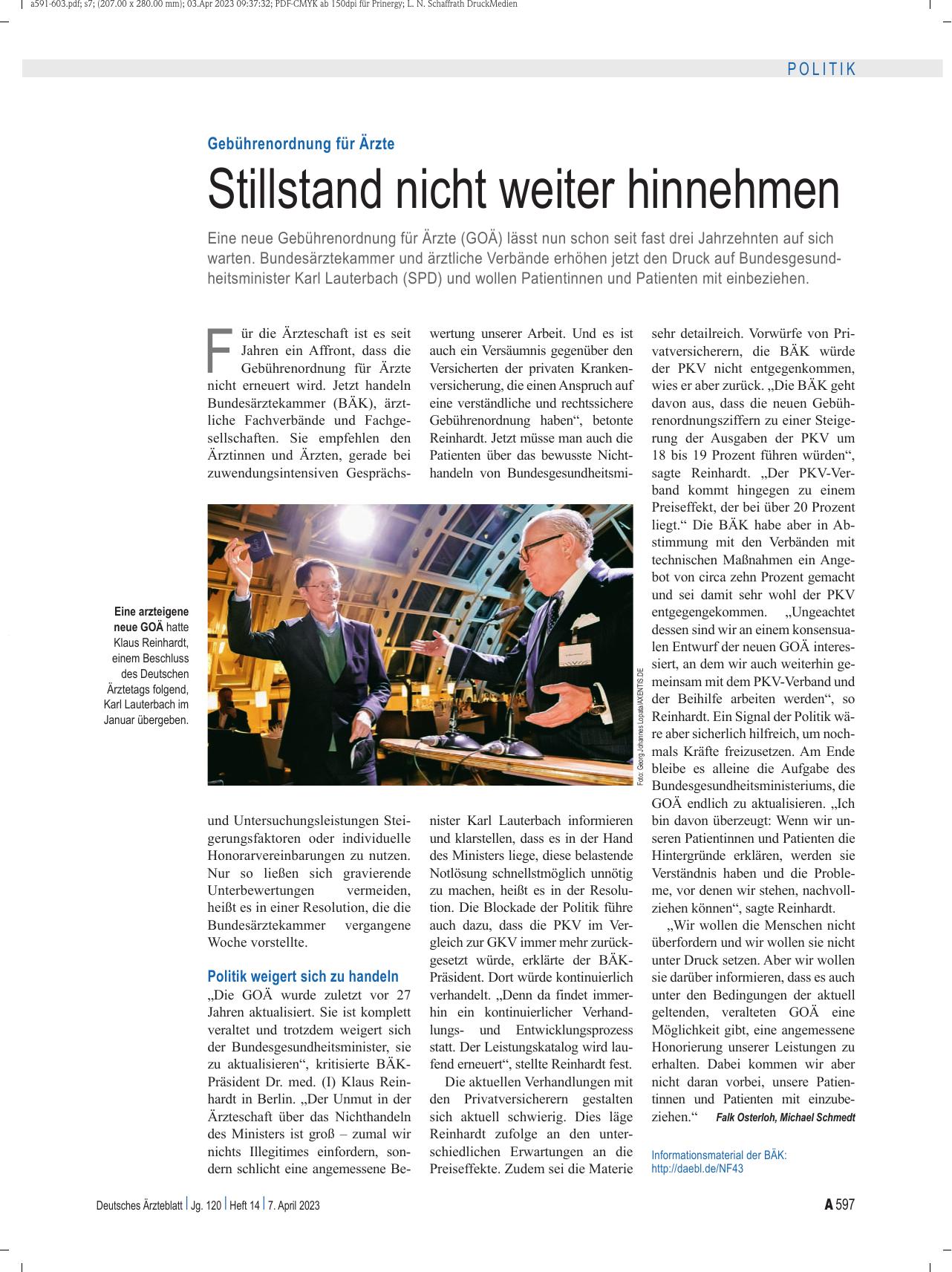 Vorschauseite 1: Gebührenordnung für Ärzte: Stillstand nicht weiter hinnehmen