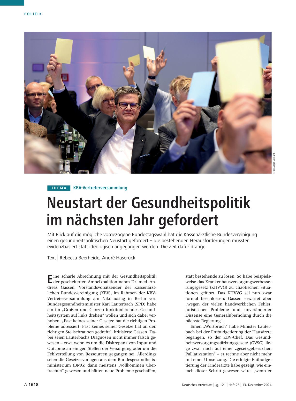 Vorschauseite 1: KBV-Vertreterversammlung: Neustart der Gesundheitspolitik im nächsten Jahr gefordert